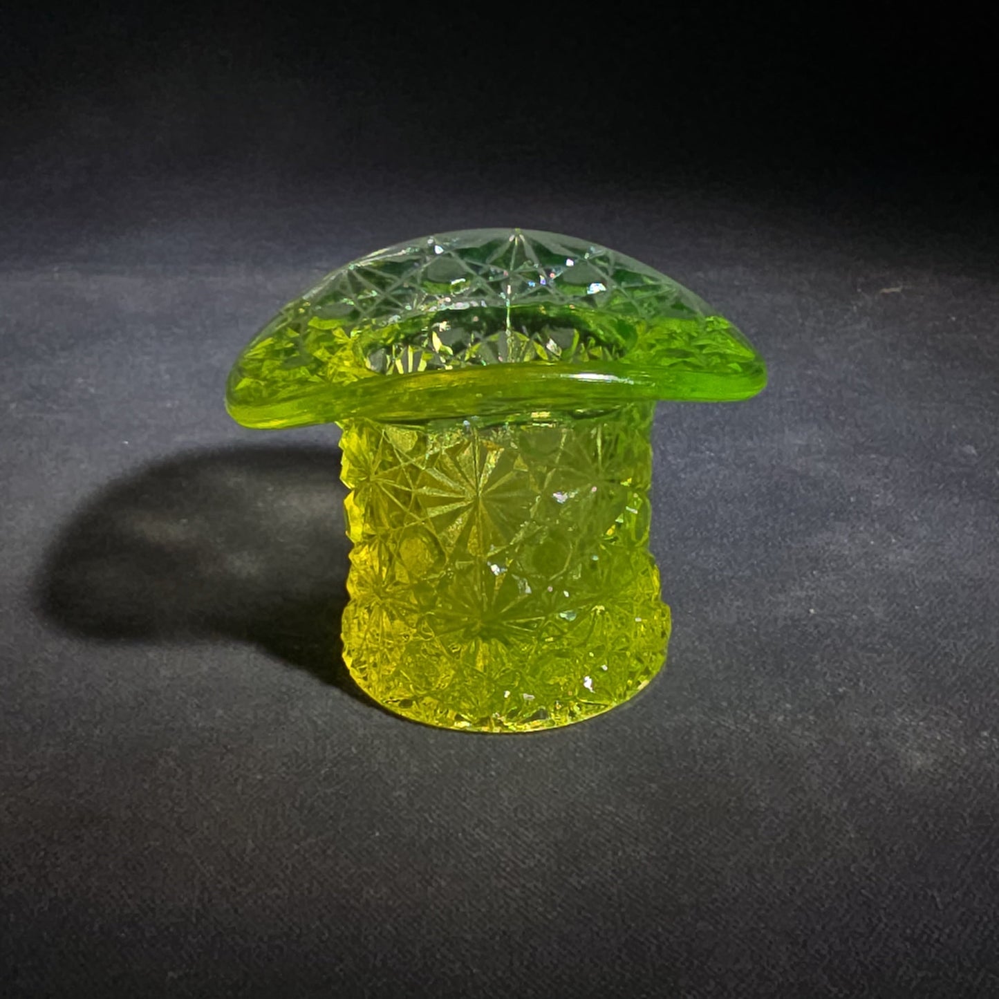 Antique Uranium Glass Top Hat Toothpick Holder with Daisy and Button Pattern, UV Reactive