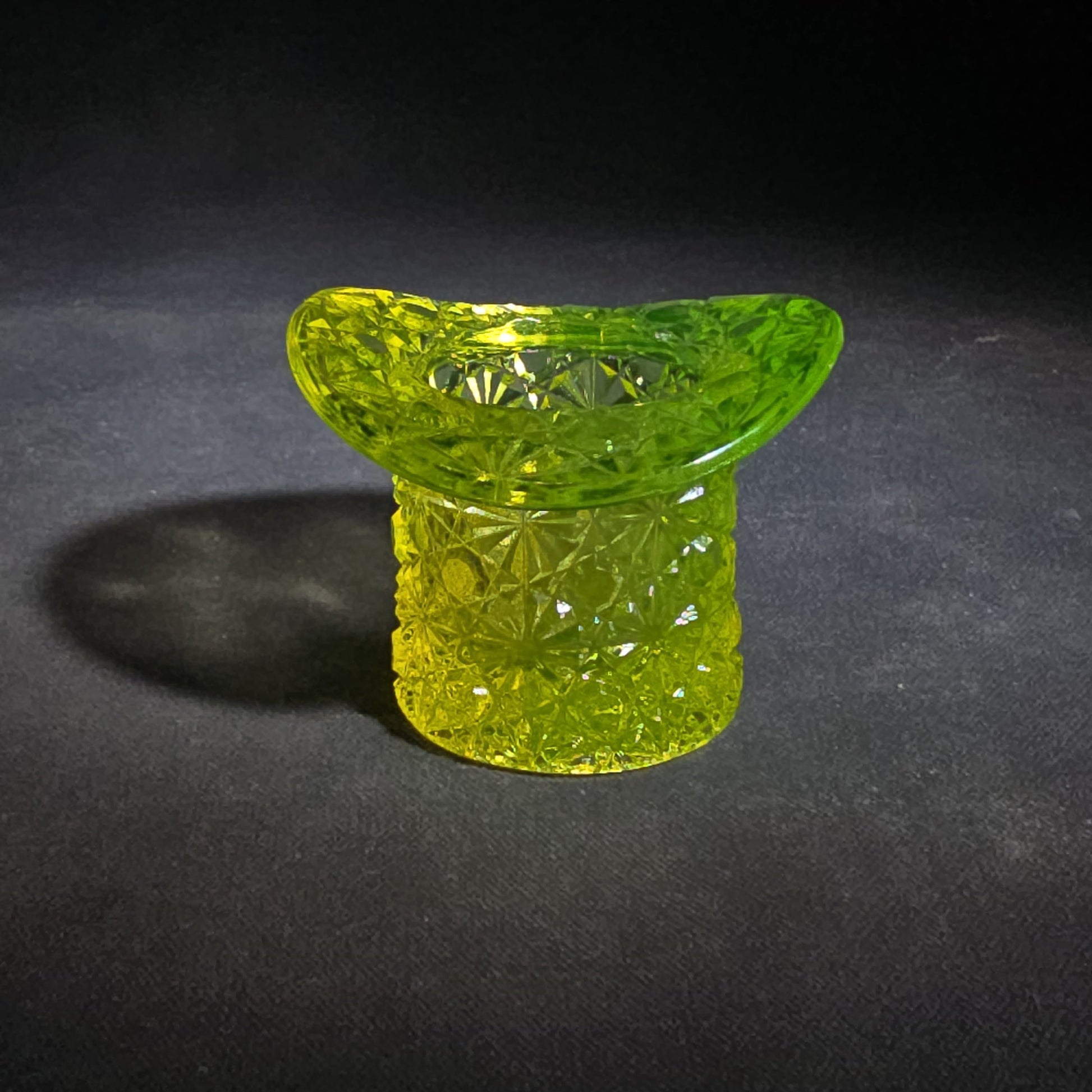 Antique Uranium Glass Top Hat Toothpick Holder with Daisy and Button Pattern, UV Reactive