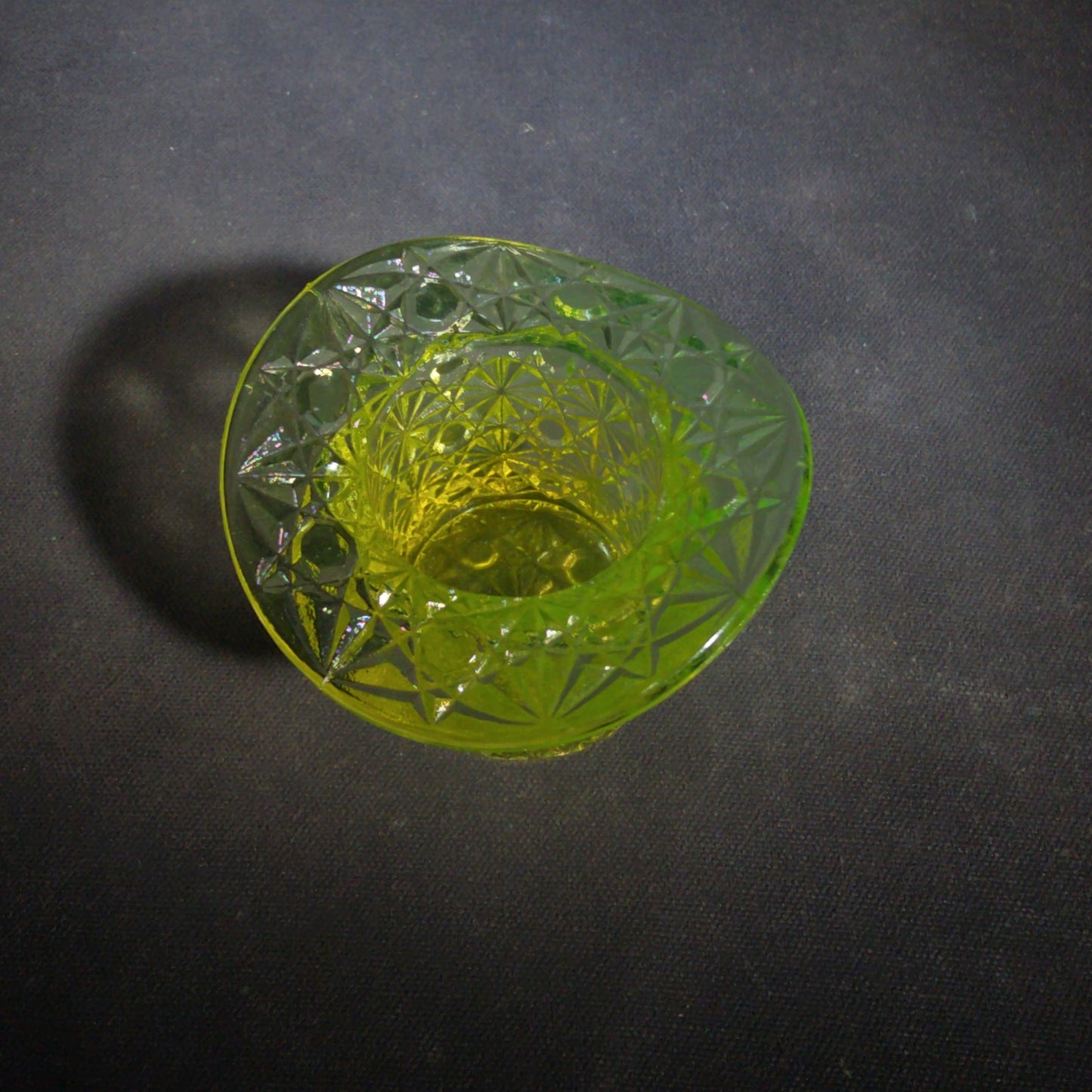 Antique Uranium Glass Top Hat Toothpick Holder with Daisy and Button Pattern, UV Reactive