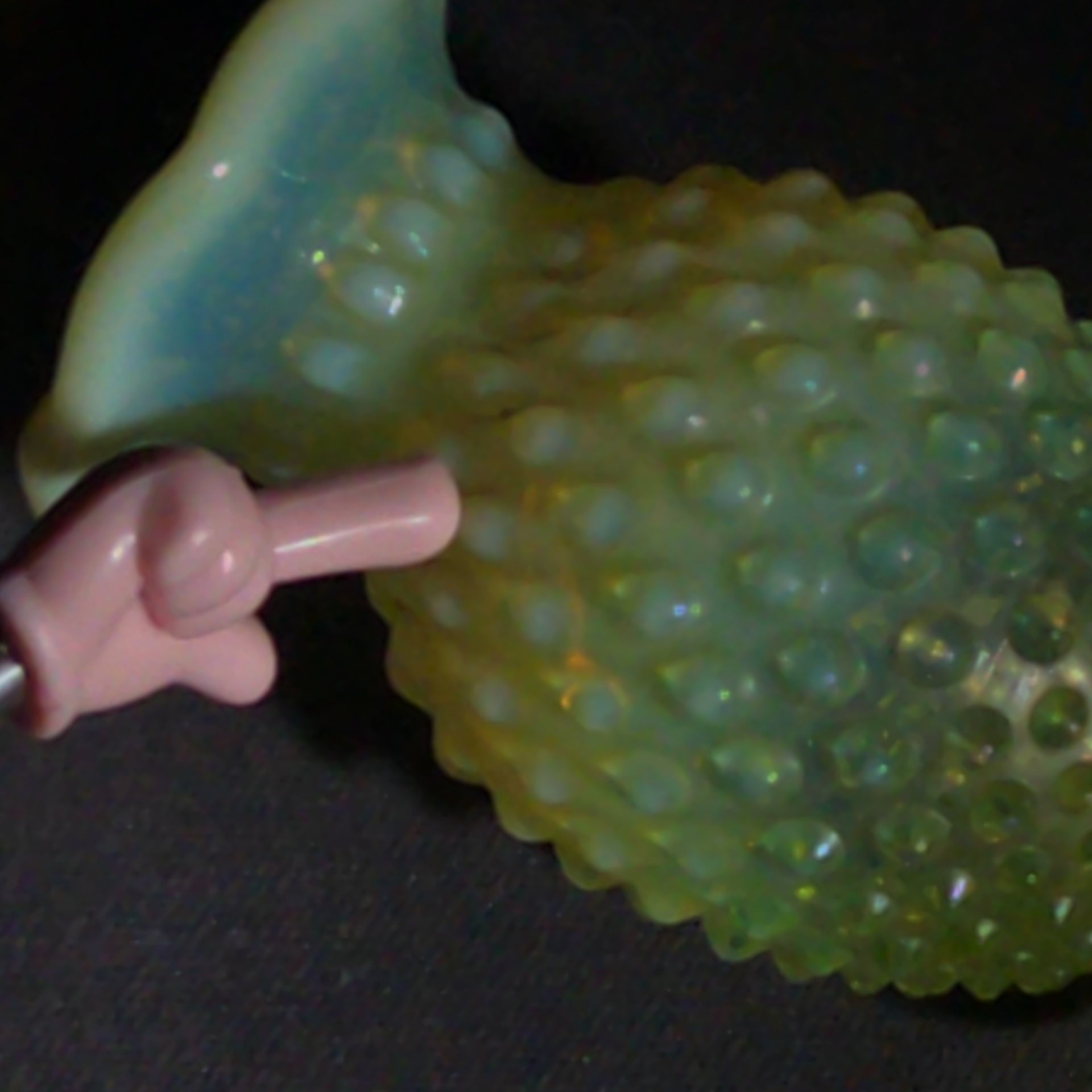 Vintage Uranium Glass Hobnail Miniature Vase with Opalescent Rim, UV Reactive