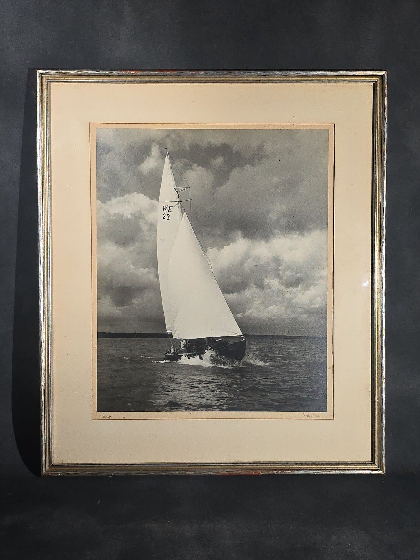 Vintage Framed Black and White Photograph of the Sailboat "Indigo" Under Sail, Photographed by Alex Thiel, Signed