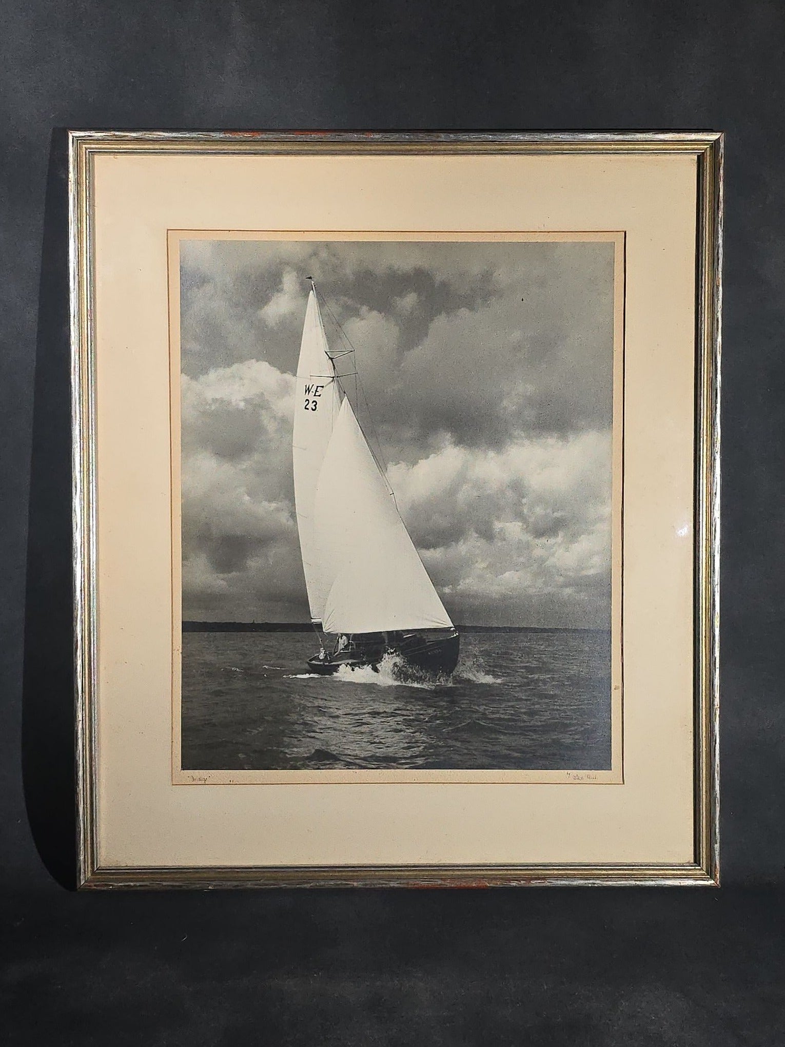 Vintage Framed Black and White Photograph of the Sailboat "Indigo" Under Sail, Photographed by Alex Thiel, Signed