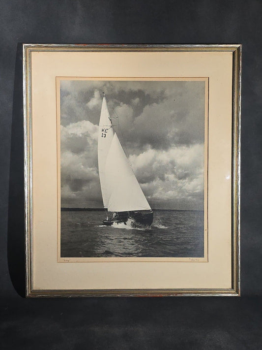 Vintage Framed Black and White Photograph of the Sailboat "Indigo" Under Sail, Photographed by Alex Thiel, Signed