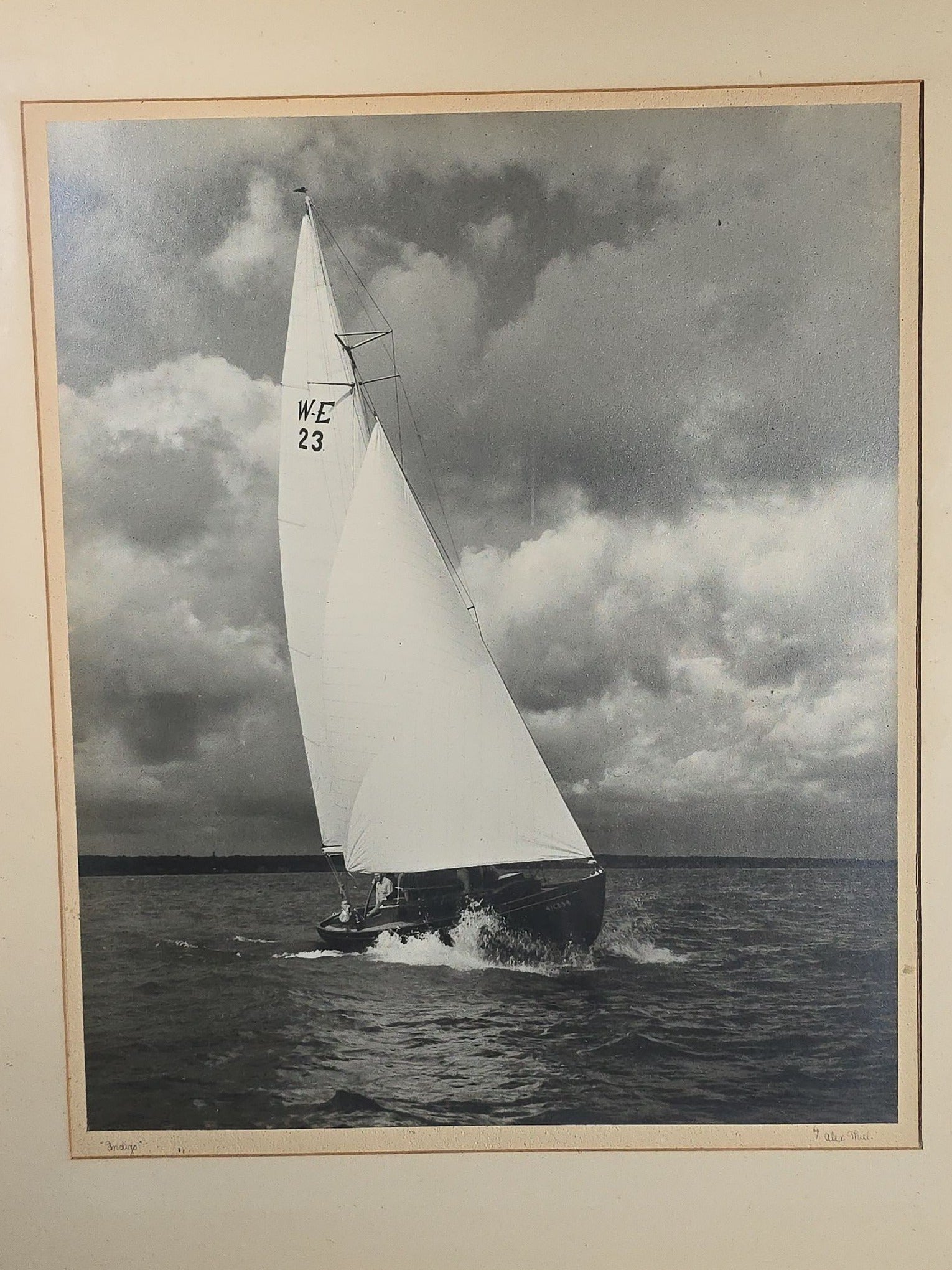 Vintage Framed Black and White Photograph of the Sailboat "Indigo" Under Sail, Photographed by Alex Thiel, Signed