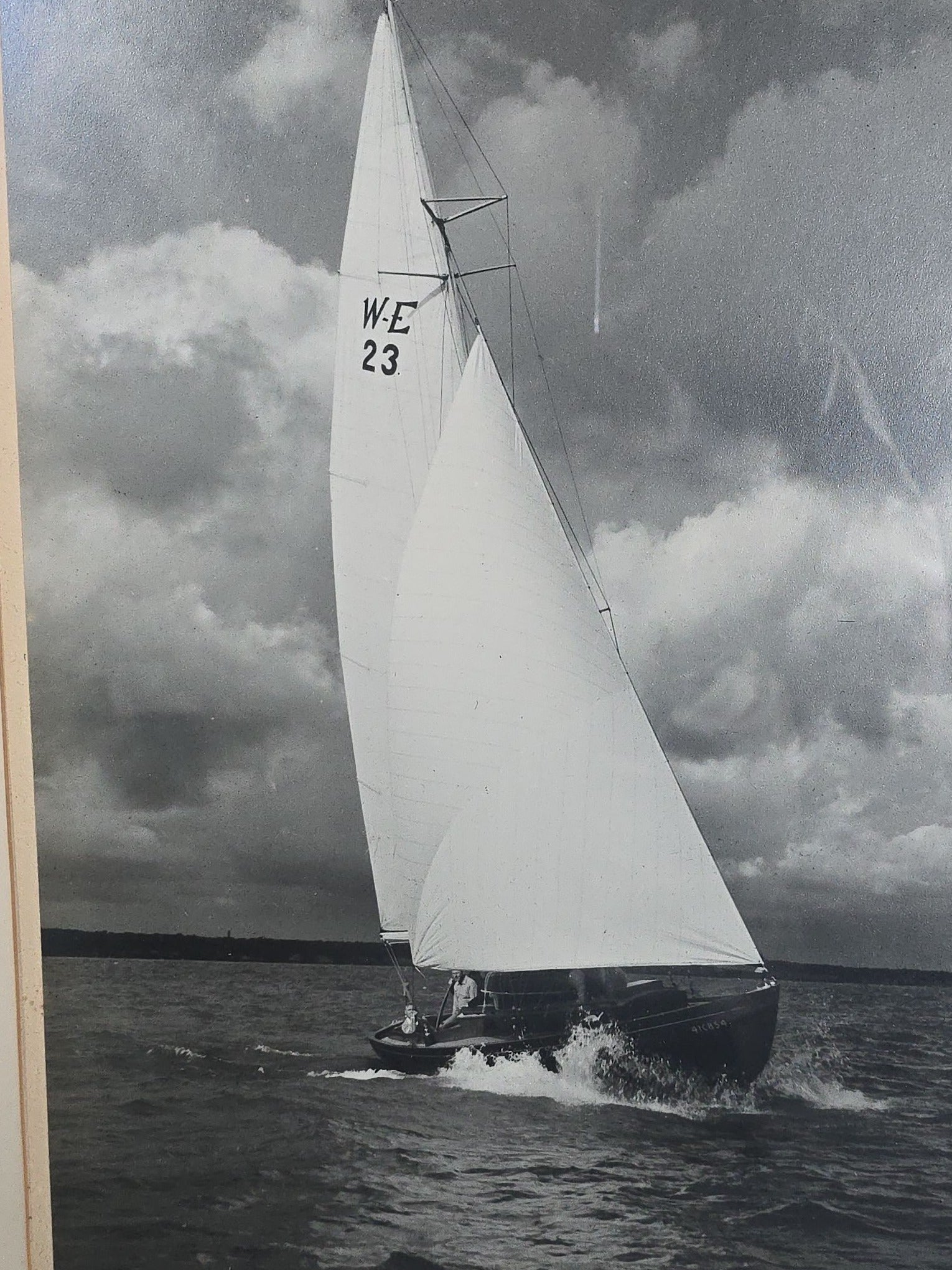 Vintage Framed Black and White Photograph of the Sailboat "Indigo" Under Sail, Photographed by Alex Thiel, Signed