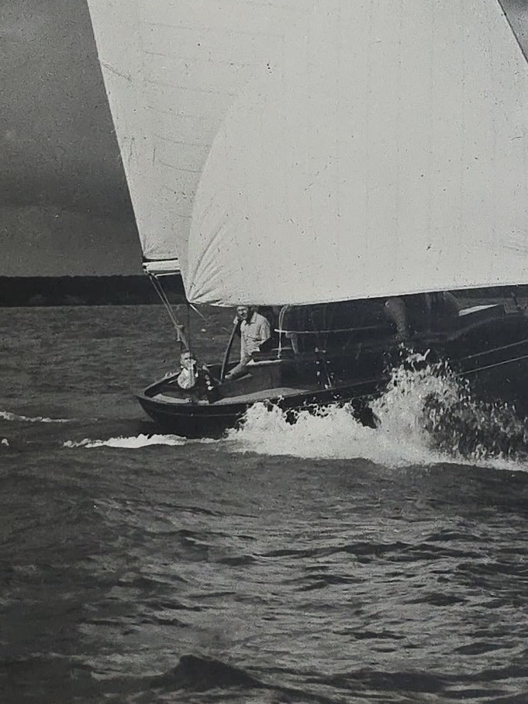 Vintage Framed Black and White Photograph of the Sailboat "Indigo" Under Sail, Photographed by Alex Thiel, Signed