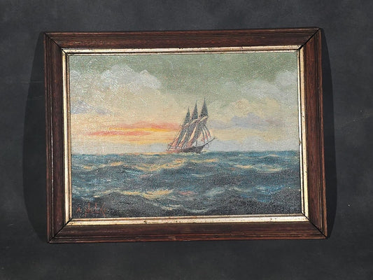 Antique Framed Oil Painting on Canvas, Three-Masted Sailing Ship at Sea During Sunset, Signed A. Nelke