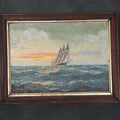 Lot 044 - Antique Framed Oil Painting on Canvas, Three-Masted Sailing Ship at Sea During Sunset, Signed A. Nelke, 16-1/2" W x 12-5/8" H