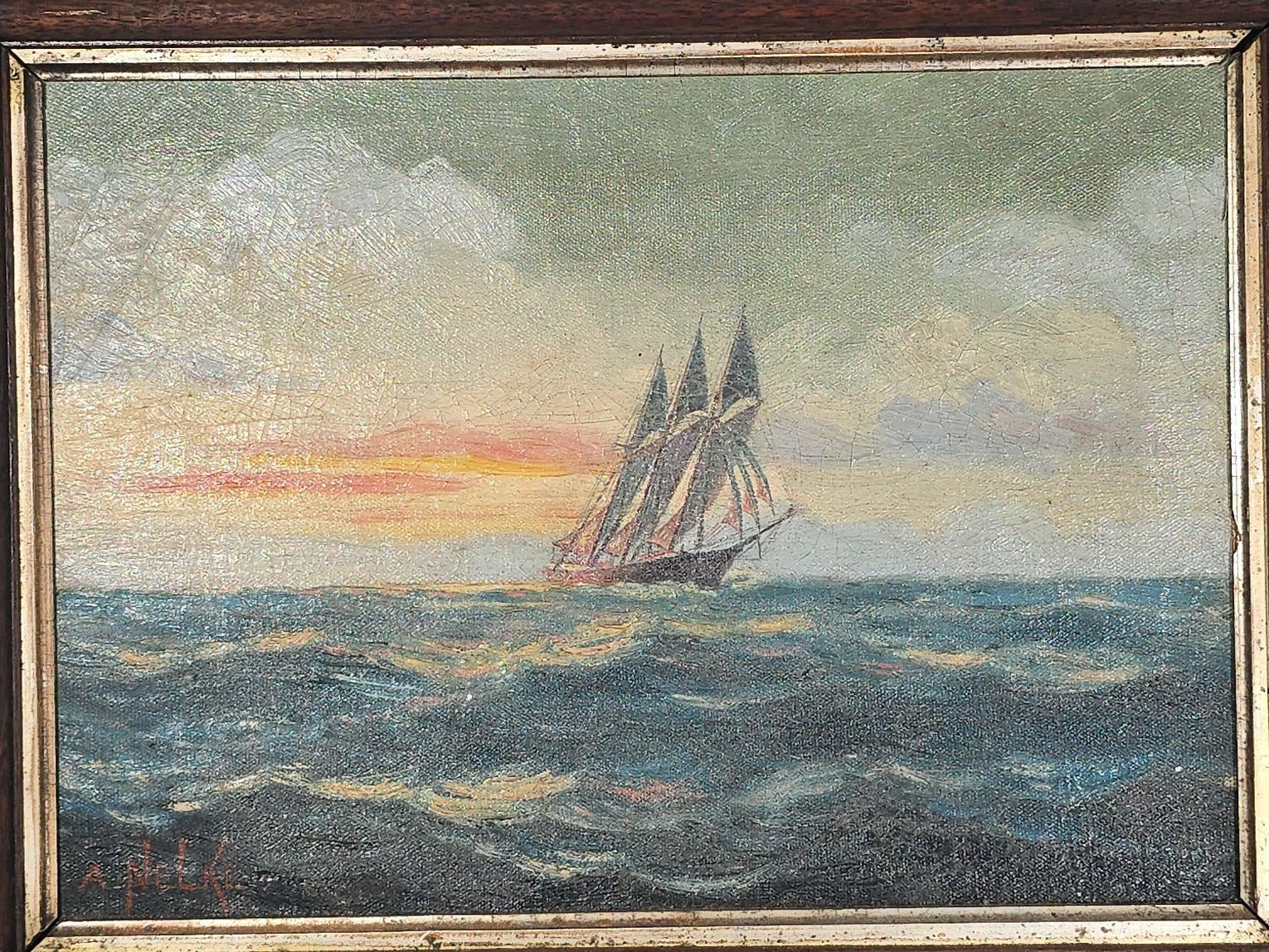 Antique Framed Oil Painting on Canvas, Three-Masted Sailing Ship at Sea During Sunset, Signed A. Nelke
