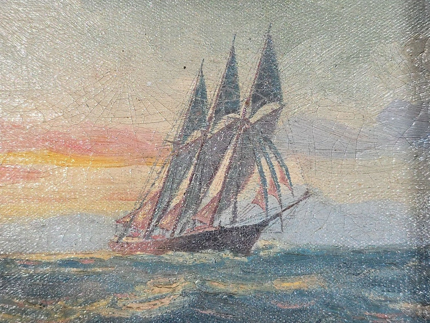 Antique Framed Oil Painting on Canvas, Three-Masted Sailing Ship at Sea During Sunset, Signed A. Nelke