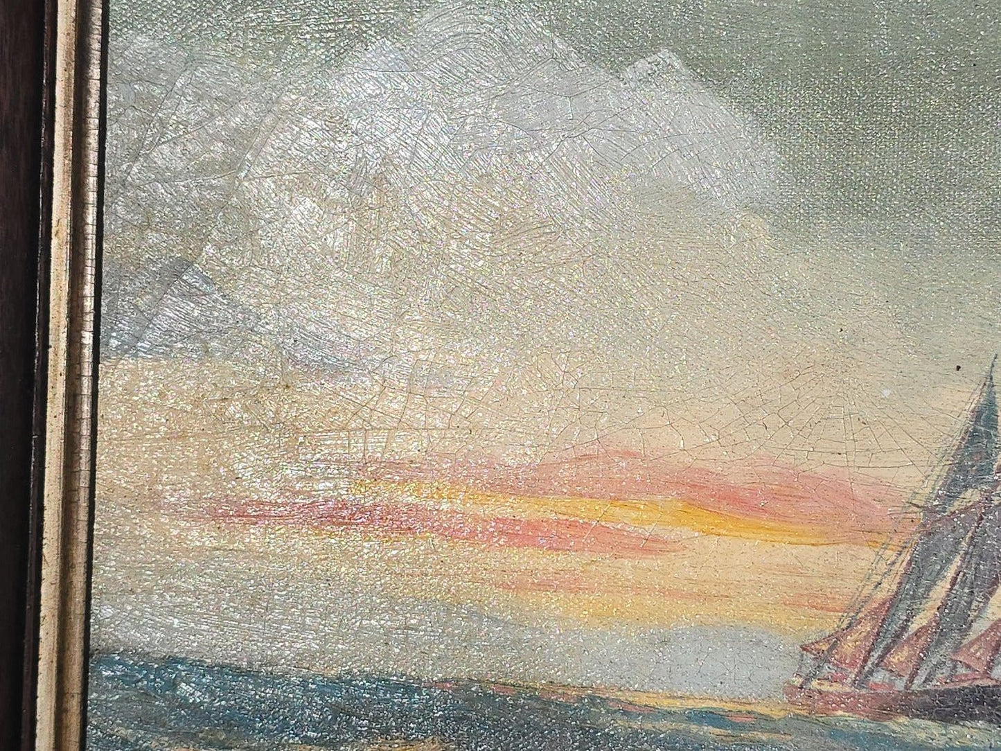Antique Framed Oil Painting on Canvas, Three-Masted Sailing Ship at Sea During Sunset, Signed A. Nelke
