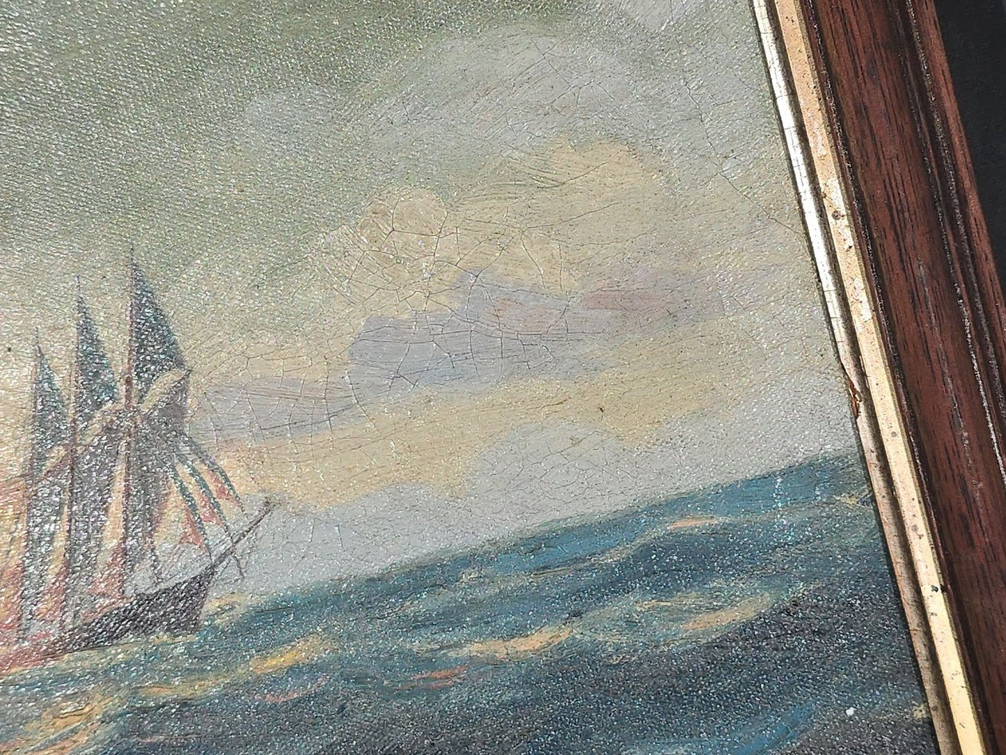 Antique Framed Oil Painting on Canvas, Three-Masted Sailing Ship at Sea During Sunset, Signed A. Nelke