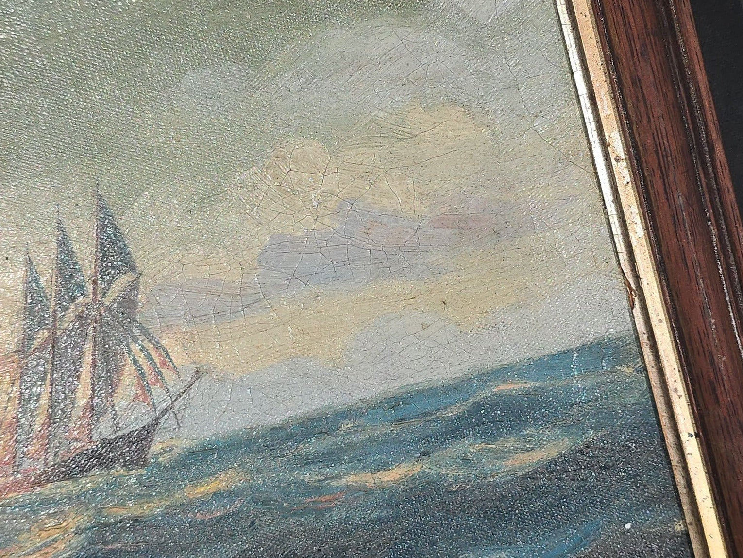 Antique Framed Oil Painting on Canvas, Three-Masted Sailing Ship at Sea During Sunset, Signed A. Nelke