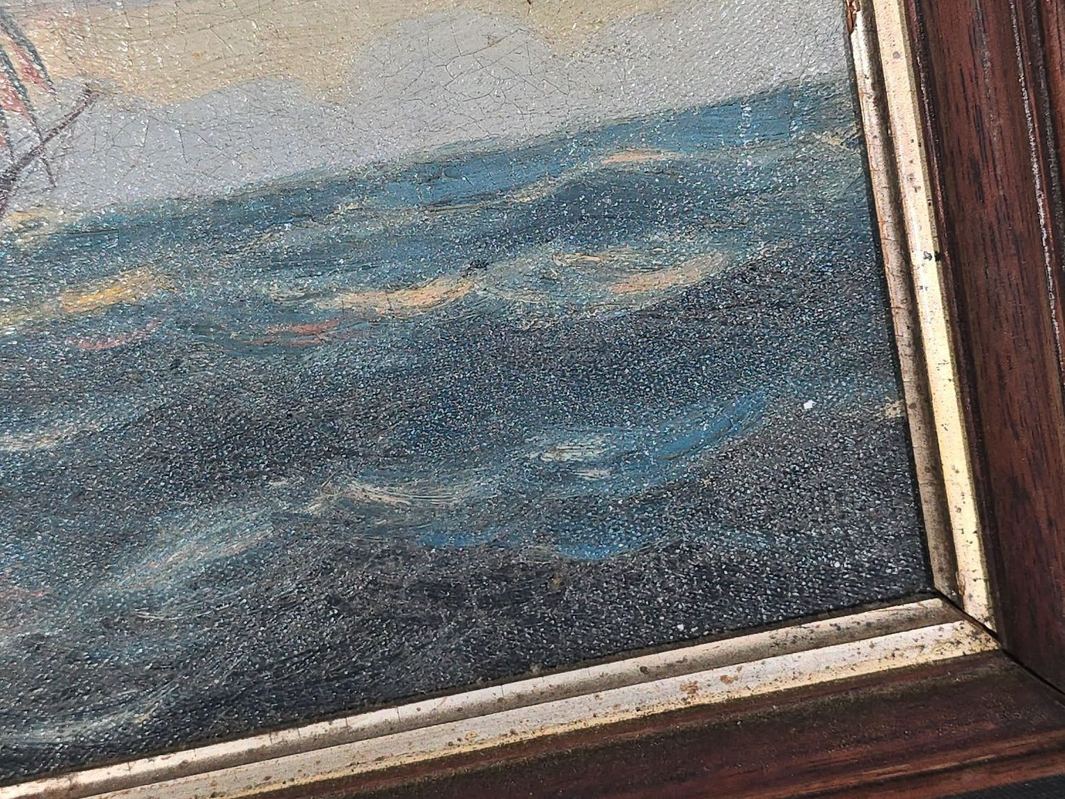 Antique Framed Oil Painting on Canvas, Three-Masted Sailing Ship at Sea During Sunset, Signed A. Nelke