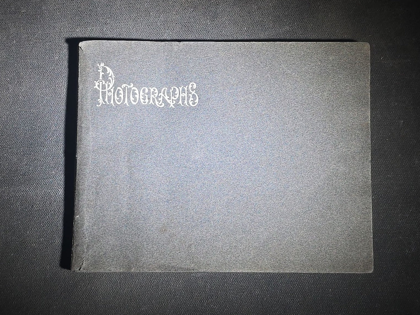 Antique Cyanotype Photo Album Containing Nine Cyanotype Photographs Including Comic Scene with Cow, Colonial House, River Rapids, Park Pond, and Orchard Landscape