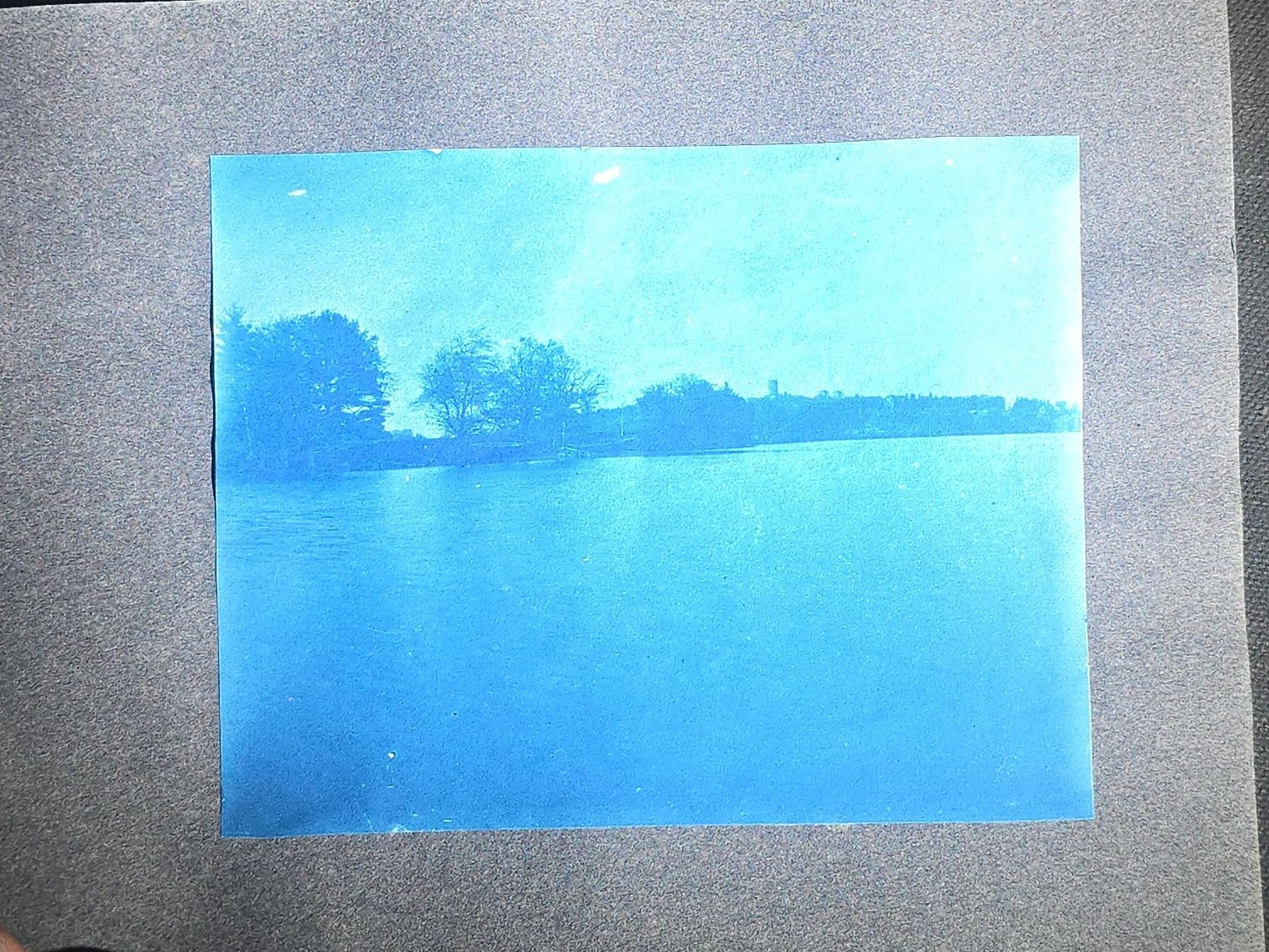 Antique Cyanotype Photo Album Containing Nine Cyanotype Photographs Including Comic Scene with Cow, Colonial House, River Rapids, Park Pond, and Orchard Landscape