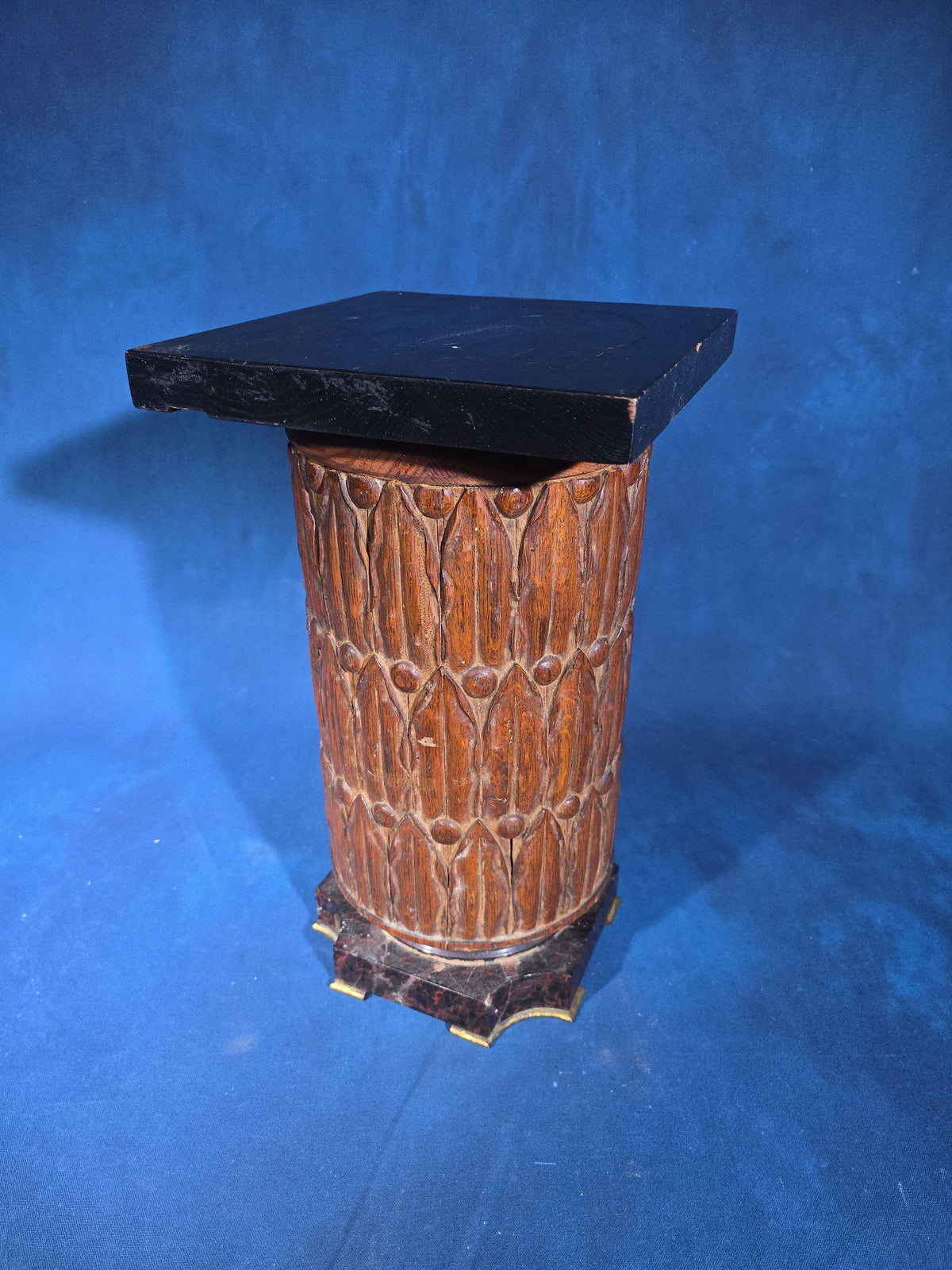 Antique Carved Wood Pedestal Plant Stand with Brass-Accented Slate Base