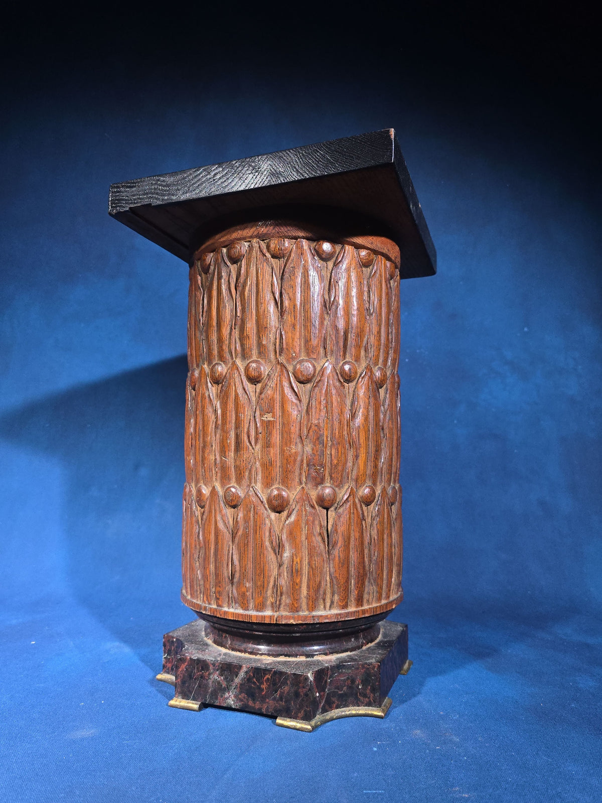 Antique Carved Wood Pedestal Plant Stand with Brass-Accented Slate Base