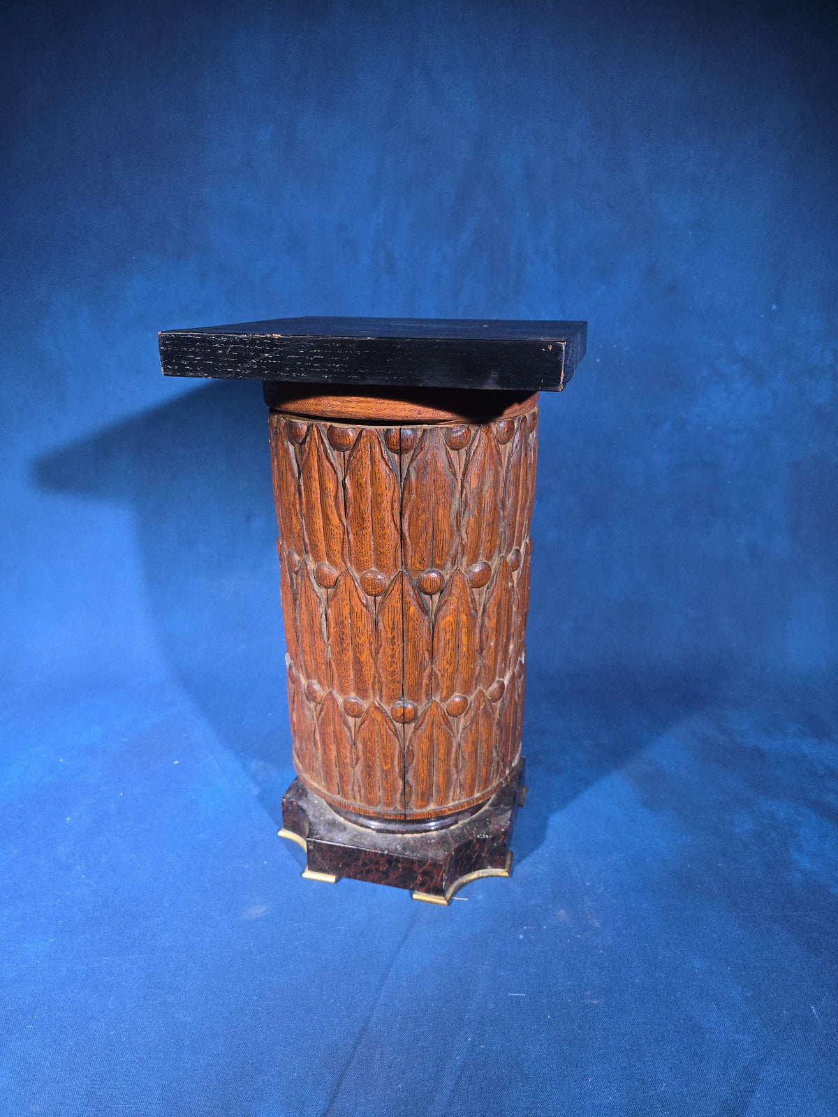Antique Carved Wood Pedestal Plant Stand with Brass-Accented Slate Base