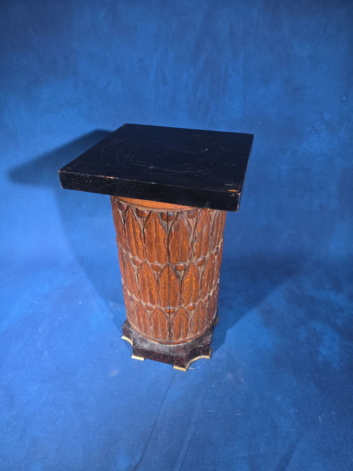 Antique Carved Wood Pedestal Plant Stand with Brass-Accented Slate Base