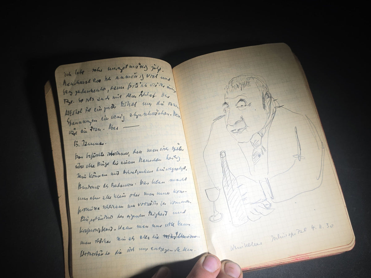 Antique Handwritten German-Language Personal Journal of Otto Vorchheimer, Würzburg, Germany, Circa 1928-1931, with Diary Entries, Philosophical Reflections, and Pencil Sketches