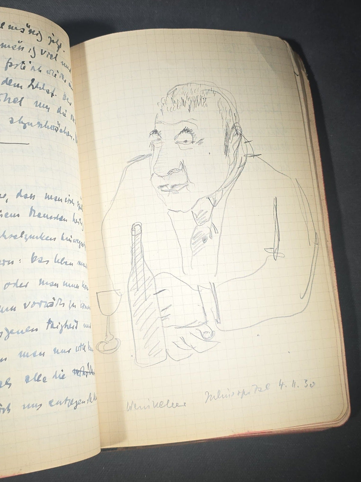 Antique Handwritten German-Language Personal Journal of Otto Vorchheimer, Würzburg, Germany, Circa 1928-1931, with Diary Entries, Philosophical Reflections, and Pencil Sketches