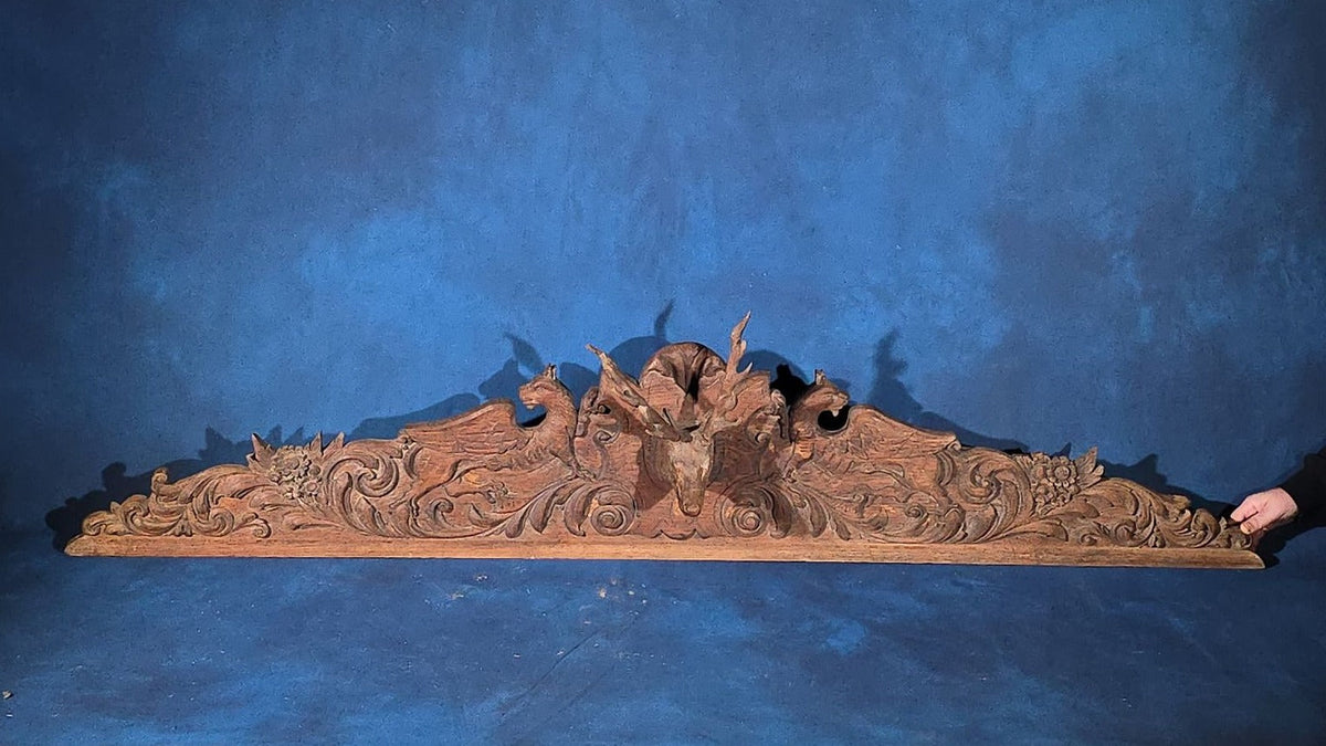 Antique Carved Oak Pediment with Stag Head and Griffins