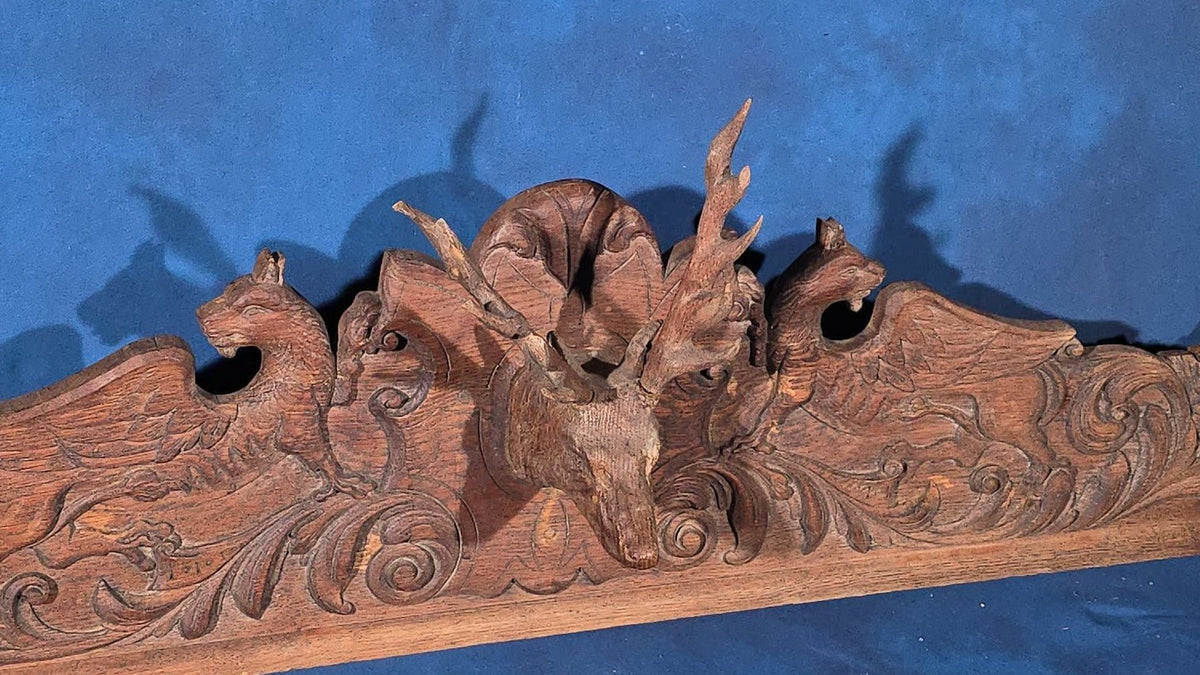 Antique Carved Oak Pediment with Stag Head and Griffins