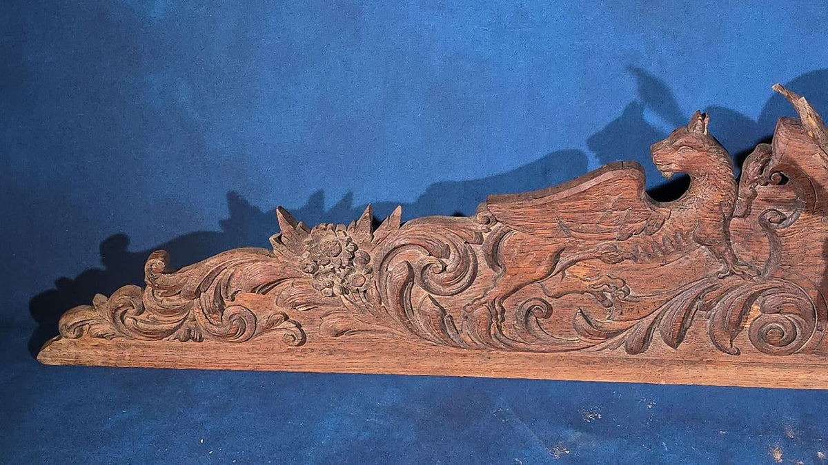 Antique Carved Oak Pediment with Stag Head and Griffins