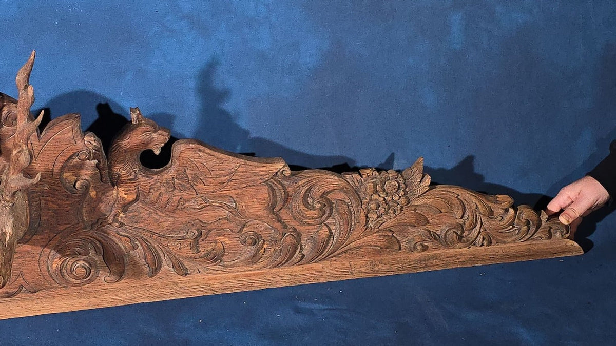 Antique Carved Oak Pediment with Stag Head and Griffins