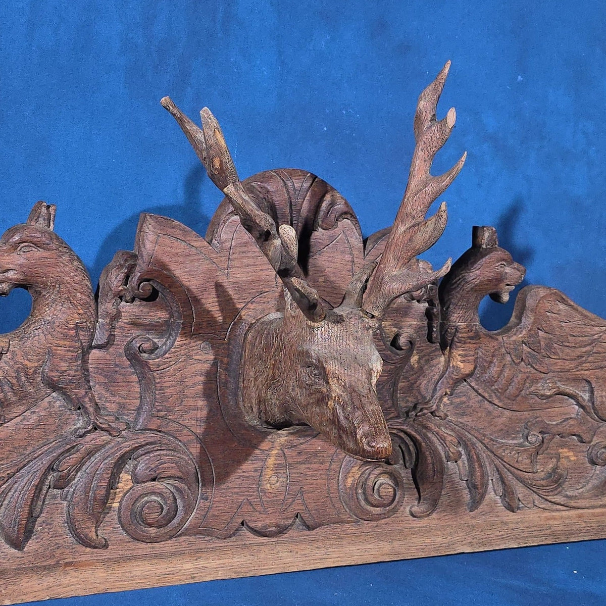 Antique Carved Oak Pediment with Stag Head and Griffins