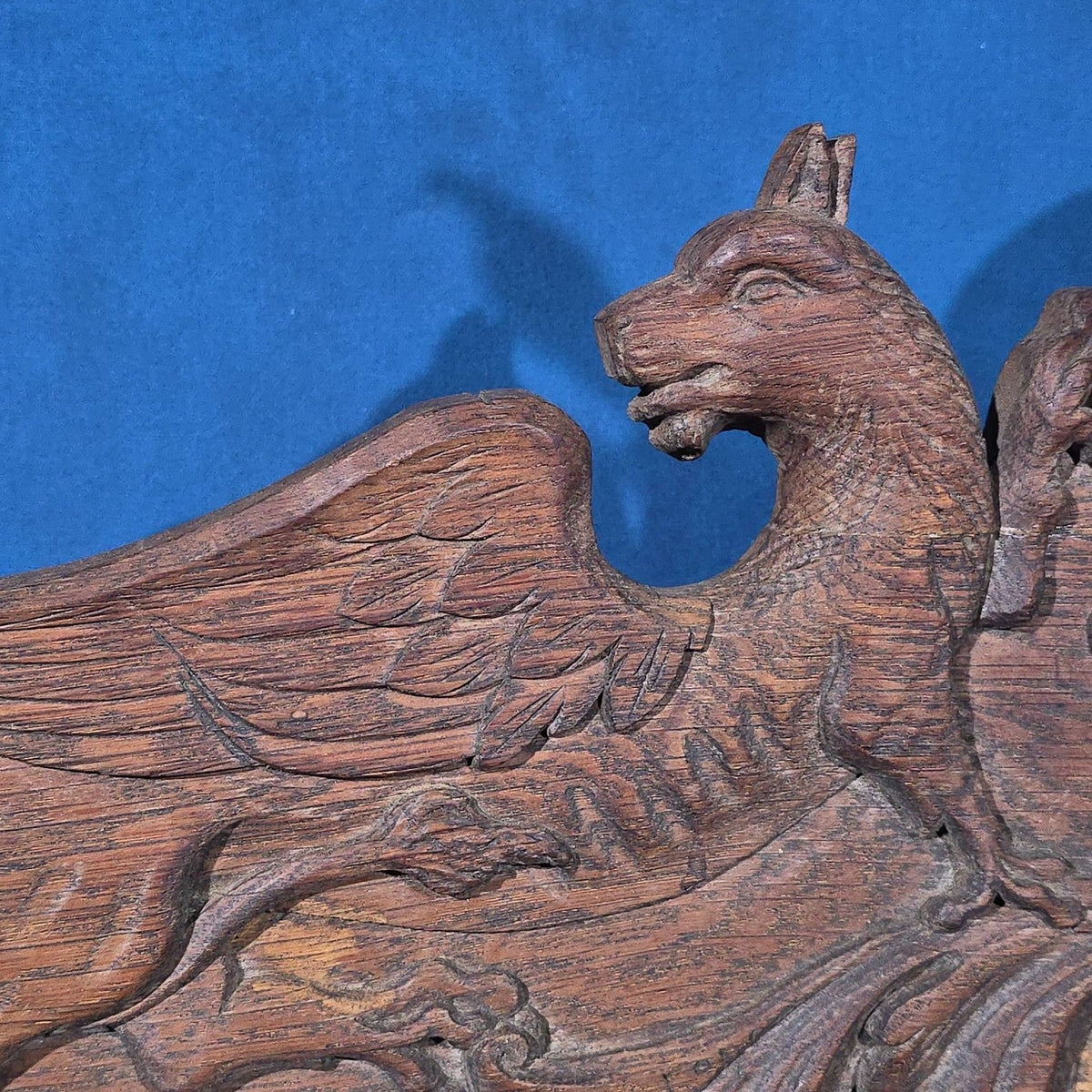 Antique Carved Oak Pediment with Stag Head and Griffins