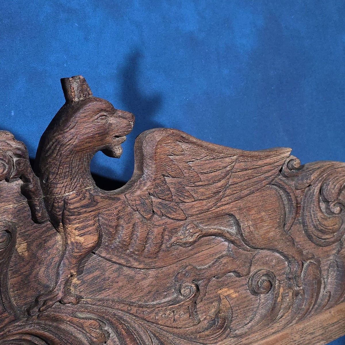 Antique Carved Oak Pediment with Stag Head and Griffins