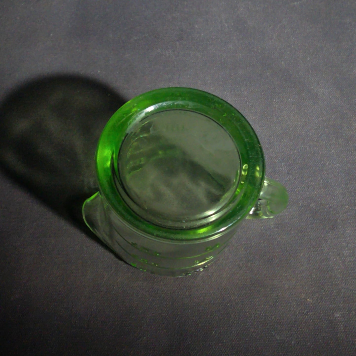 Antique Uranium Glass Spout Measuring Cup with Embossed Graduated Markings, UV Reactive