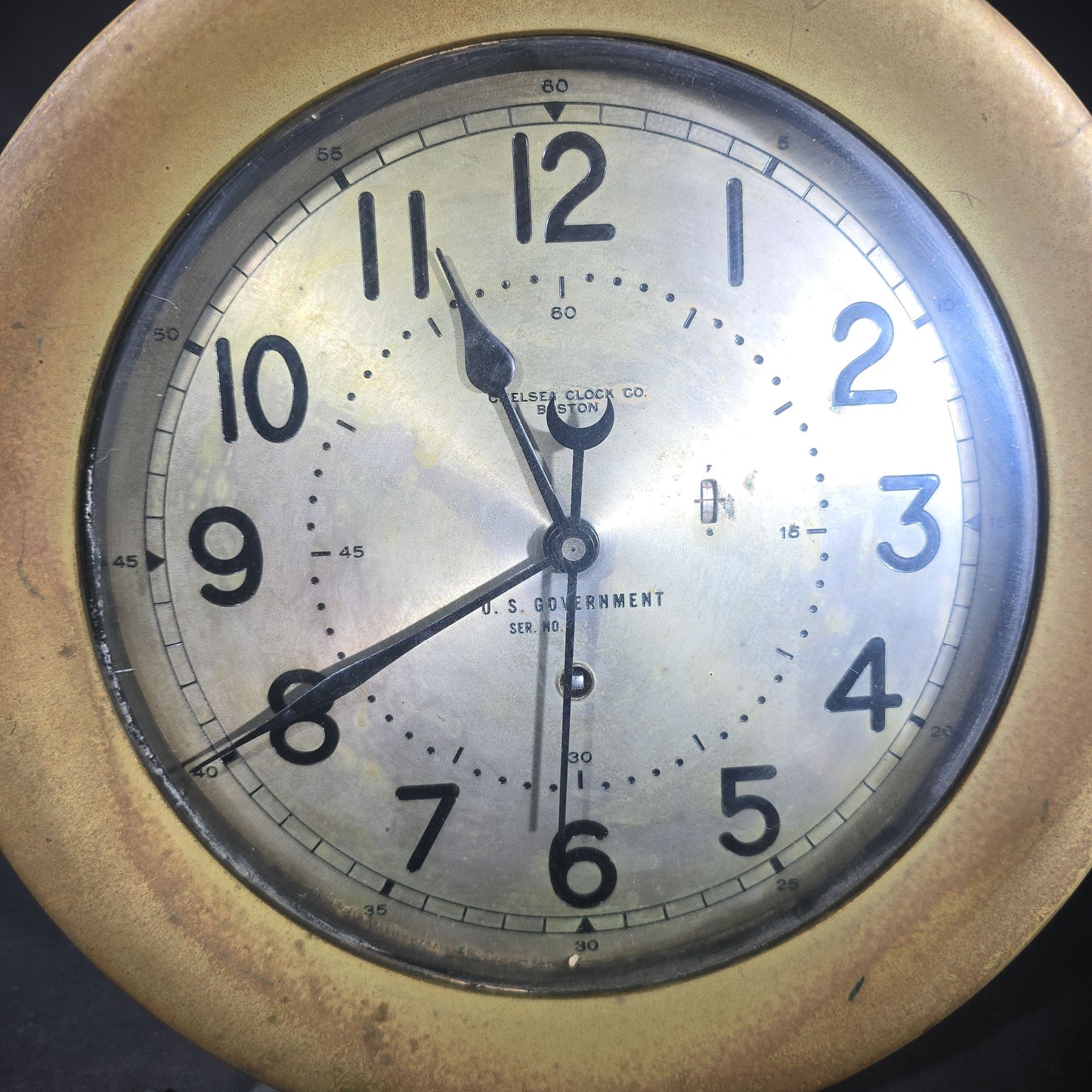 Vintage U.S. Government Ship's Clock in Brass Case with Key, Manufactured by Chelsea Clock Co., Boston, Massachusetts, Serial No. 599500