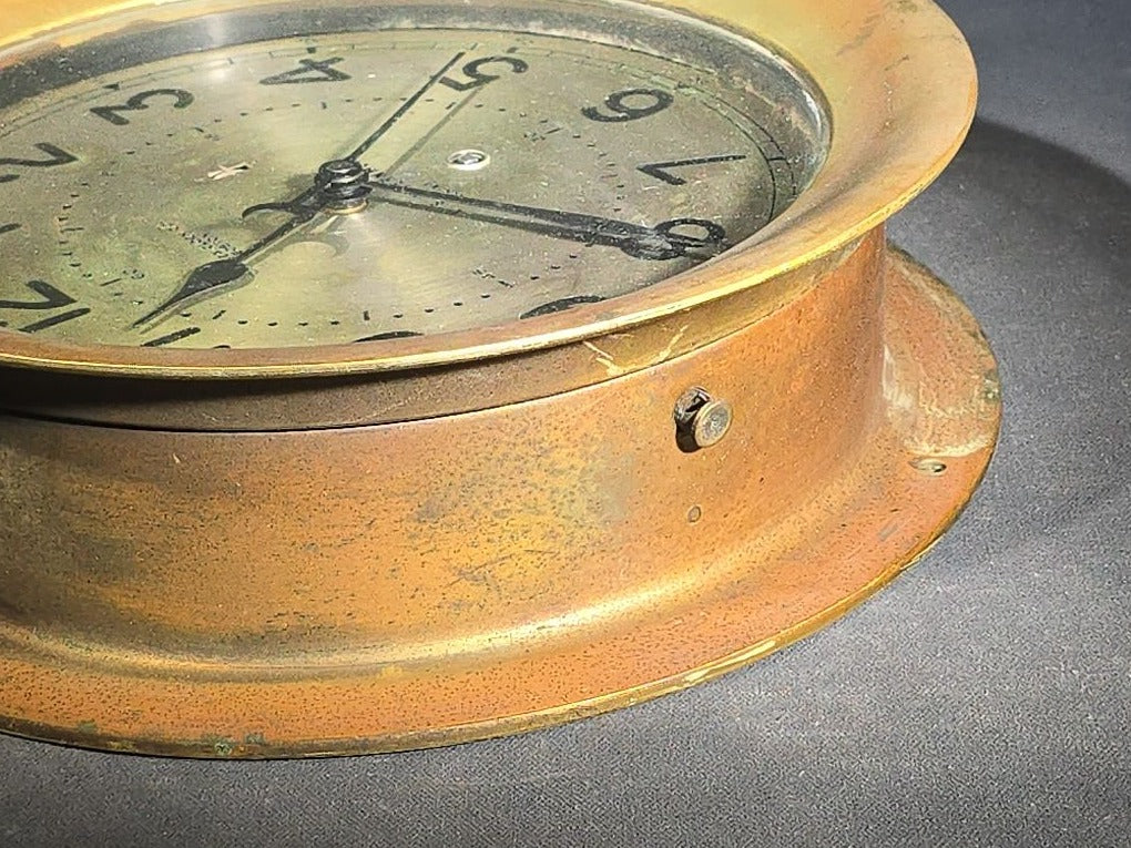 Vintage U.S. Government Ship's Clock in Brass Case with Key, Manufactured by Chelsea Clock Co., Boston, Massachusetts, Serial No. 599500