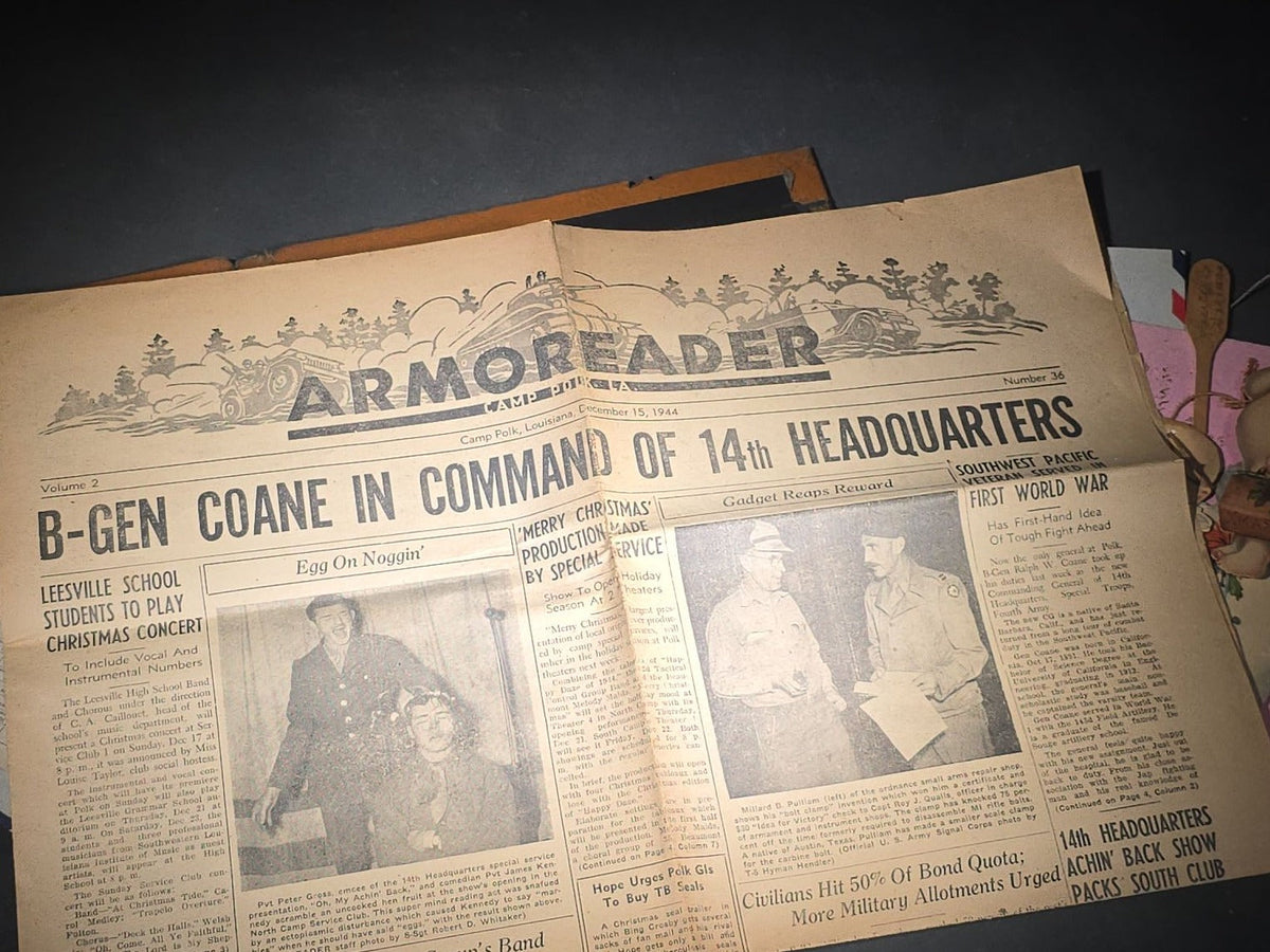 Vintage WWII U.S. Service Writing Kit with Contents including "Armoreader" Camp Polk, Louisiana Newsletter, "The Communique" Newsletter, Chemical Warfare Pocket Reference Card, and Die-Cut Kewpie Christmas Ornaments