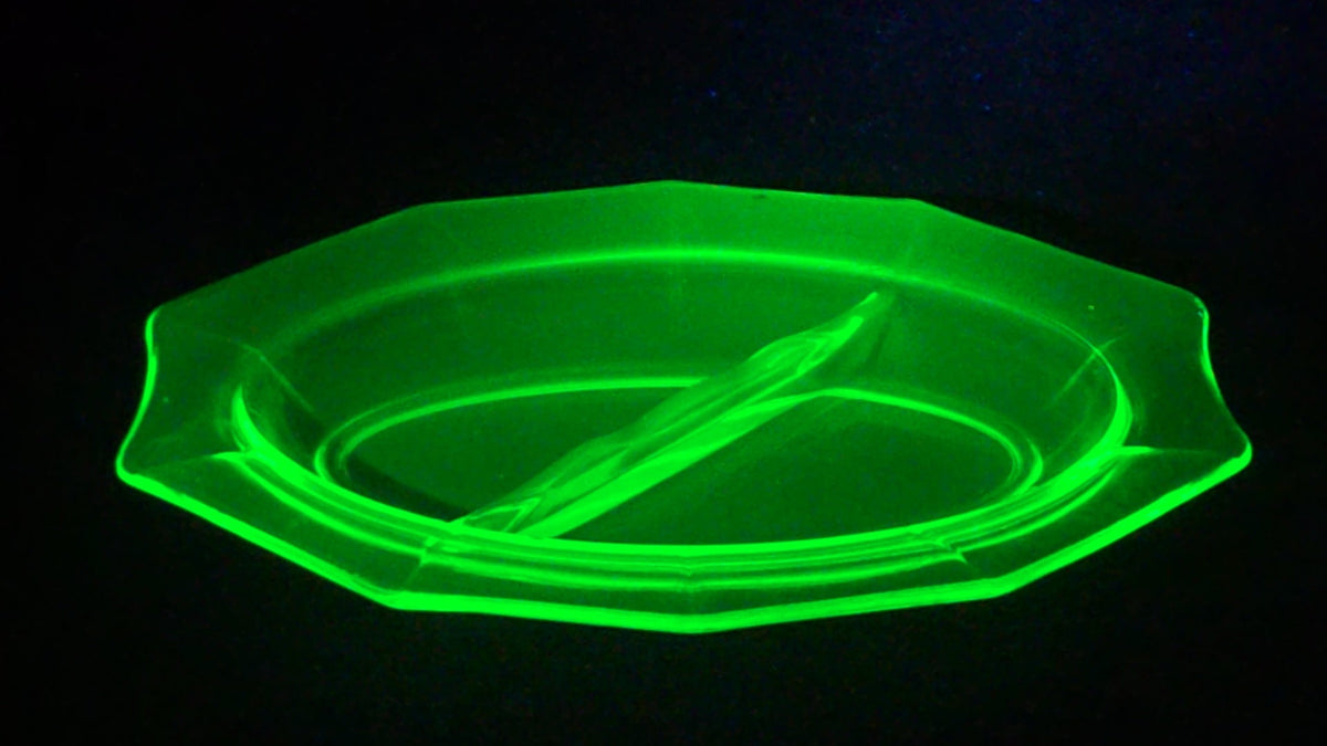 Vintage Uranium Glass Divided Relish Dish with 10-Sided Rim, UV Reactive