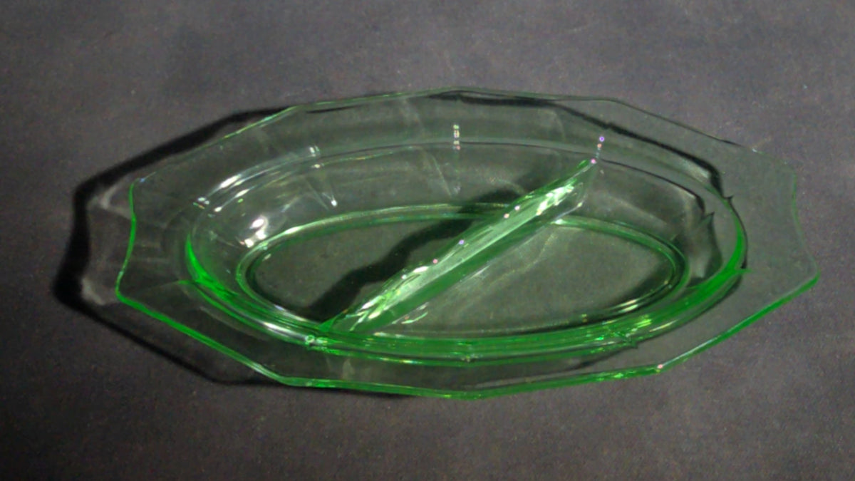 Vintage Uranium Glass Divided Relish Dish with 10-Sided Rim, UV Reactive