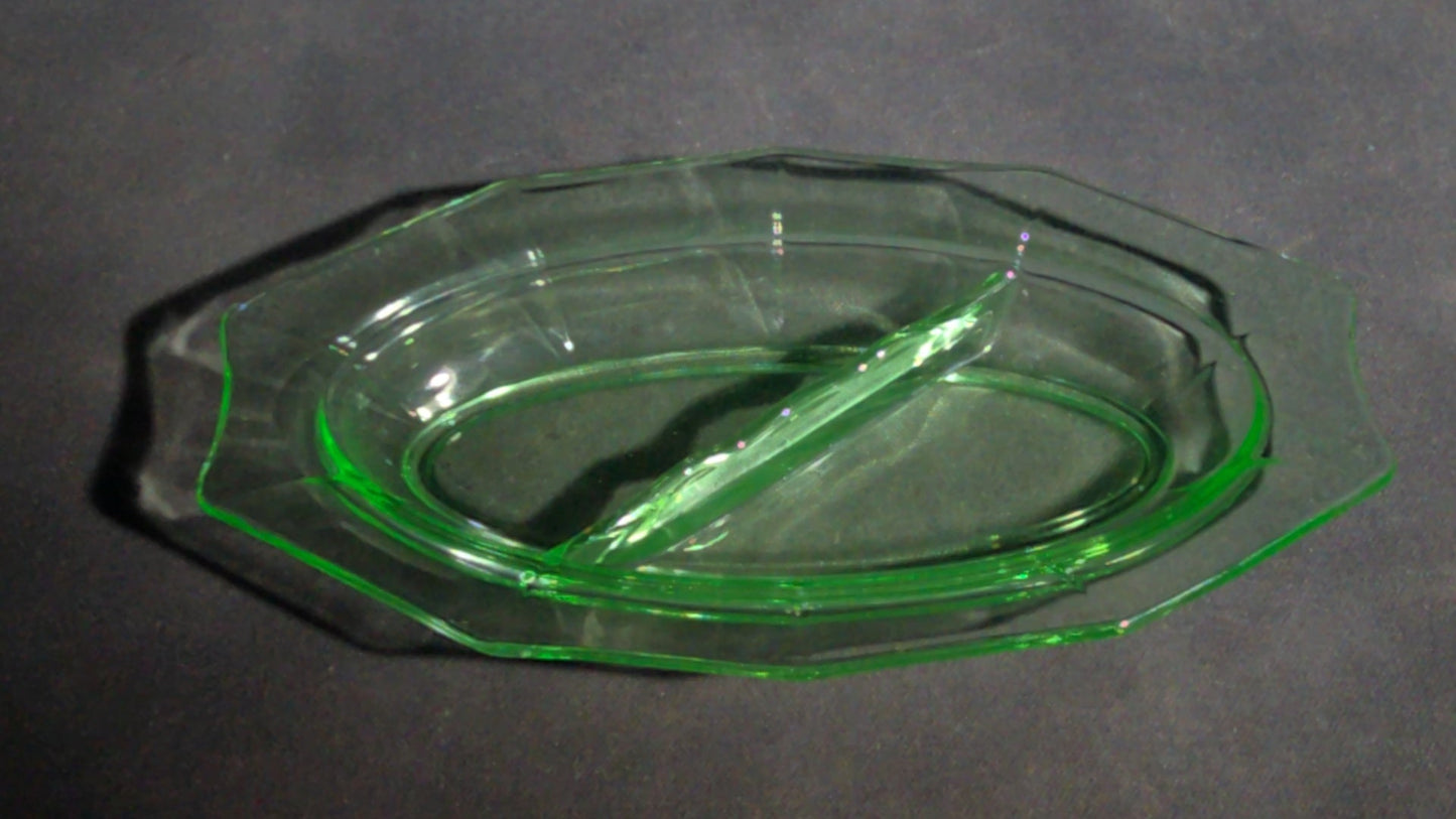 Vintage Uranium Glass Divided Relish Dish with 10-Sided Rim, UV Reactive