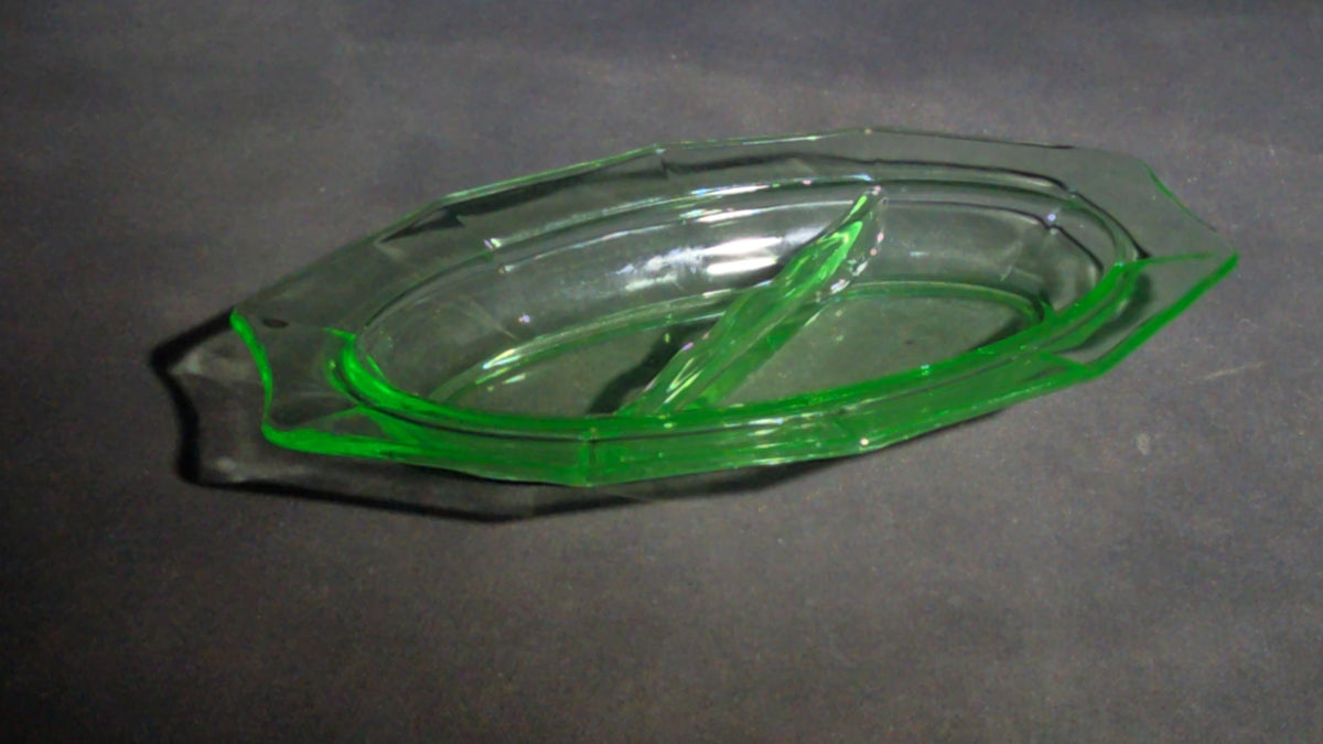 Vintage Uranium Glass Divided Relish Dish with 10-Sided Rim, UV Reactive