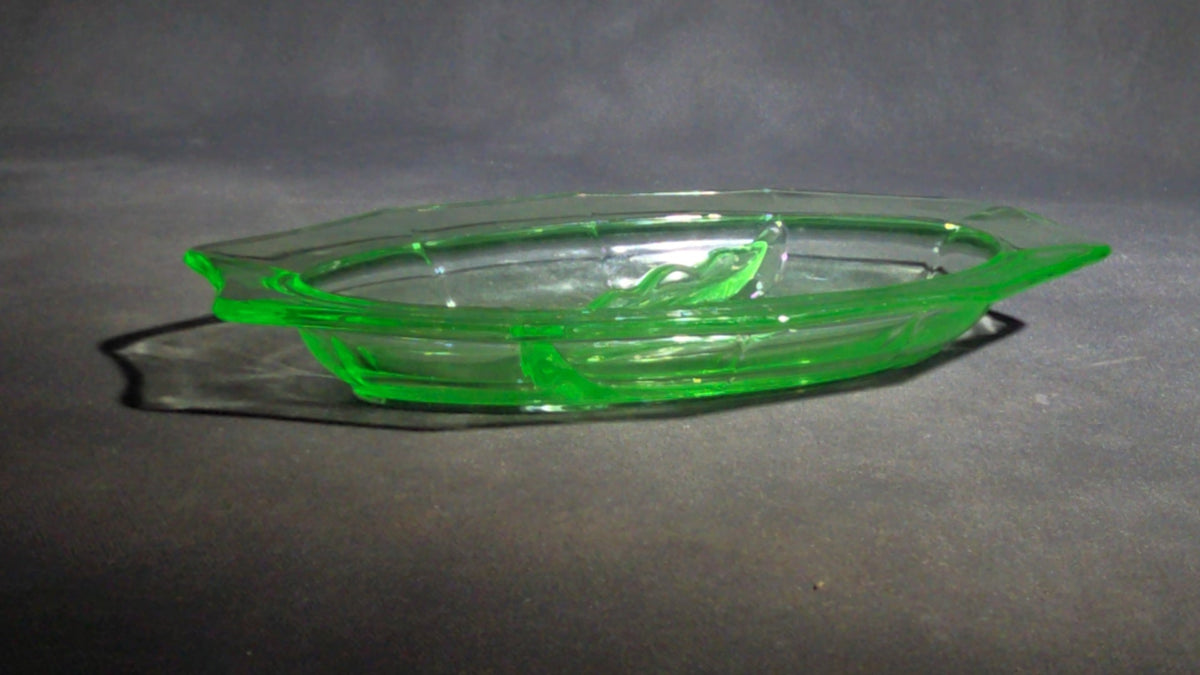 Vintage Uranium Glass Divided Relish Dish with 10-Sided Rim, UV Reactive