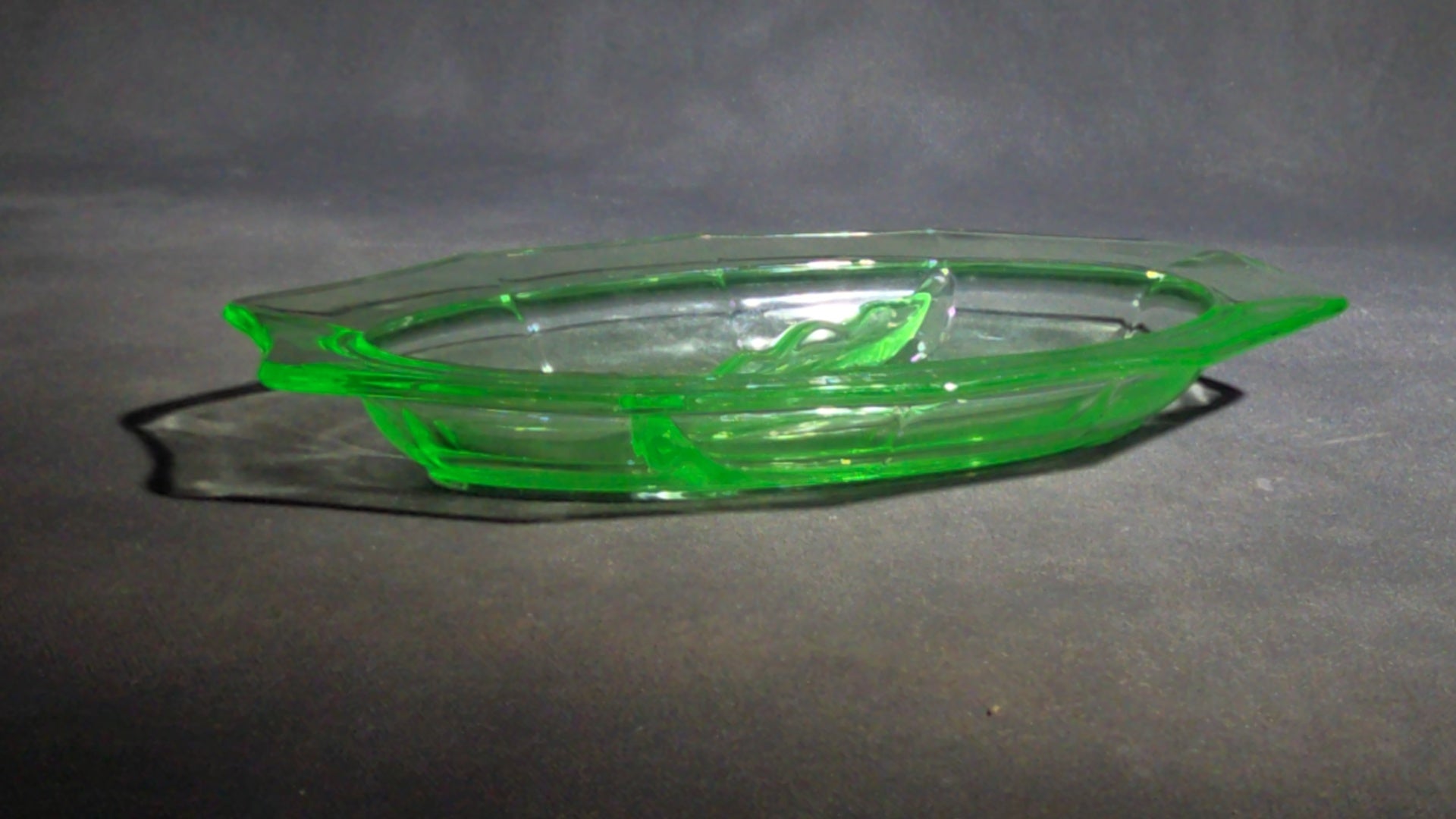Vintage Uranium Glass Divided Relish Dish with 10-Sided Rim, UV Reactive