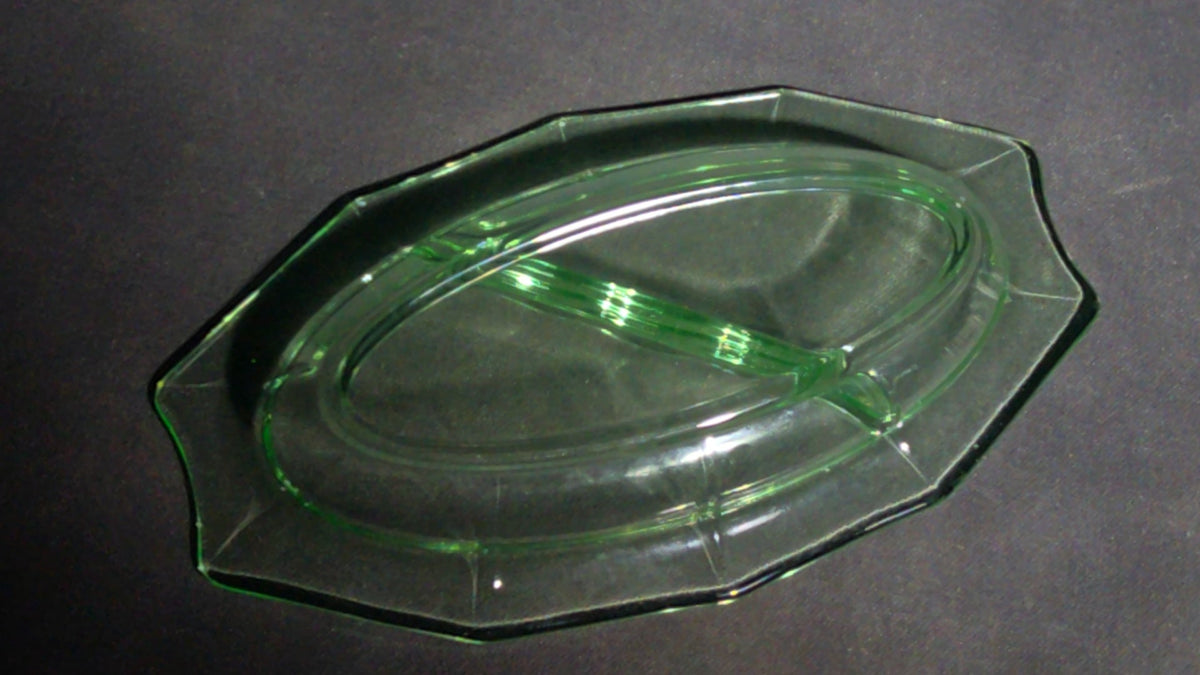 Vintage Uranium Glass Divided Relish Dish with 10-Sided Rim, UV Reactive