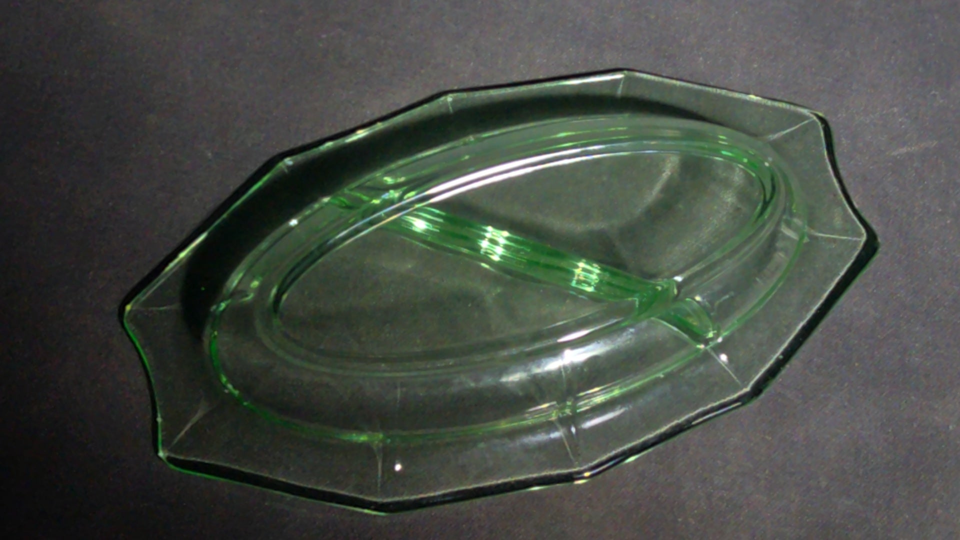 Vintage Uranium Glass Divided Relish Dish with 10-Sided Rim, UV Reactive