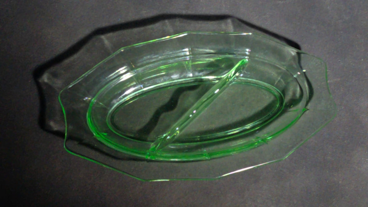 Vintage Uranium Glass Divided Relish Dish with 10-Sided Rim, UV Reactive