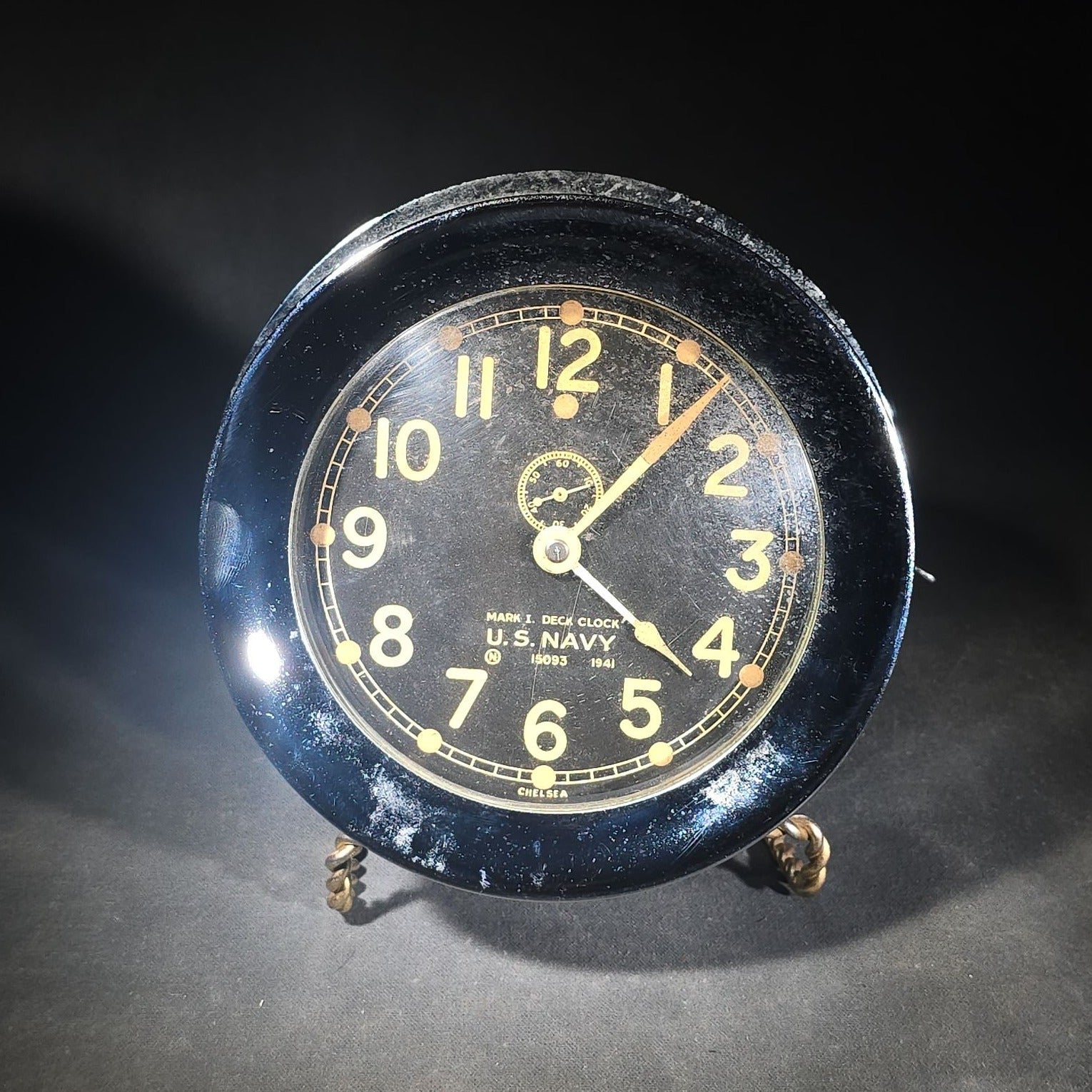 Vintage 1941 Chelsea Mark I U.S. Navy Deck Ship's Clock with Chrome Case, Serial No. 15093, Black Dial with Subsidiary Seconds