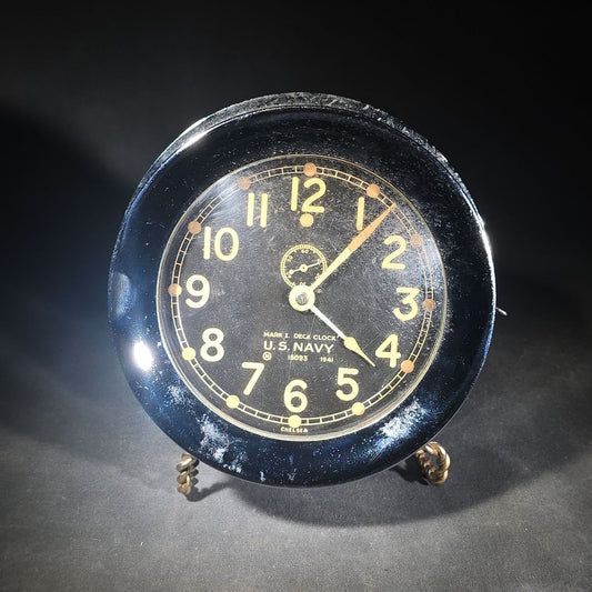 Vintage 1941 Chelsea Mark I U.S. Navy Deck Ship's Clock with Chrome Case, Serial No. 15093, Black Dial with Subsidiary Seconds