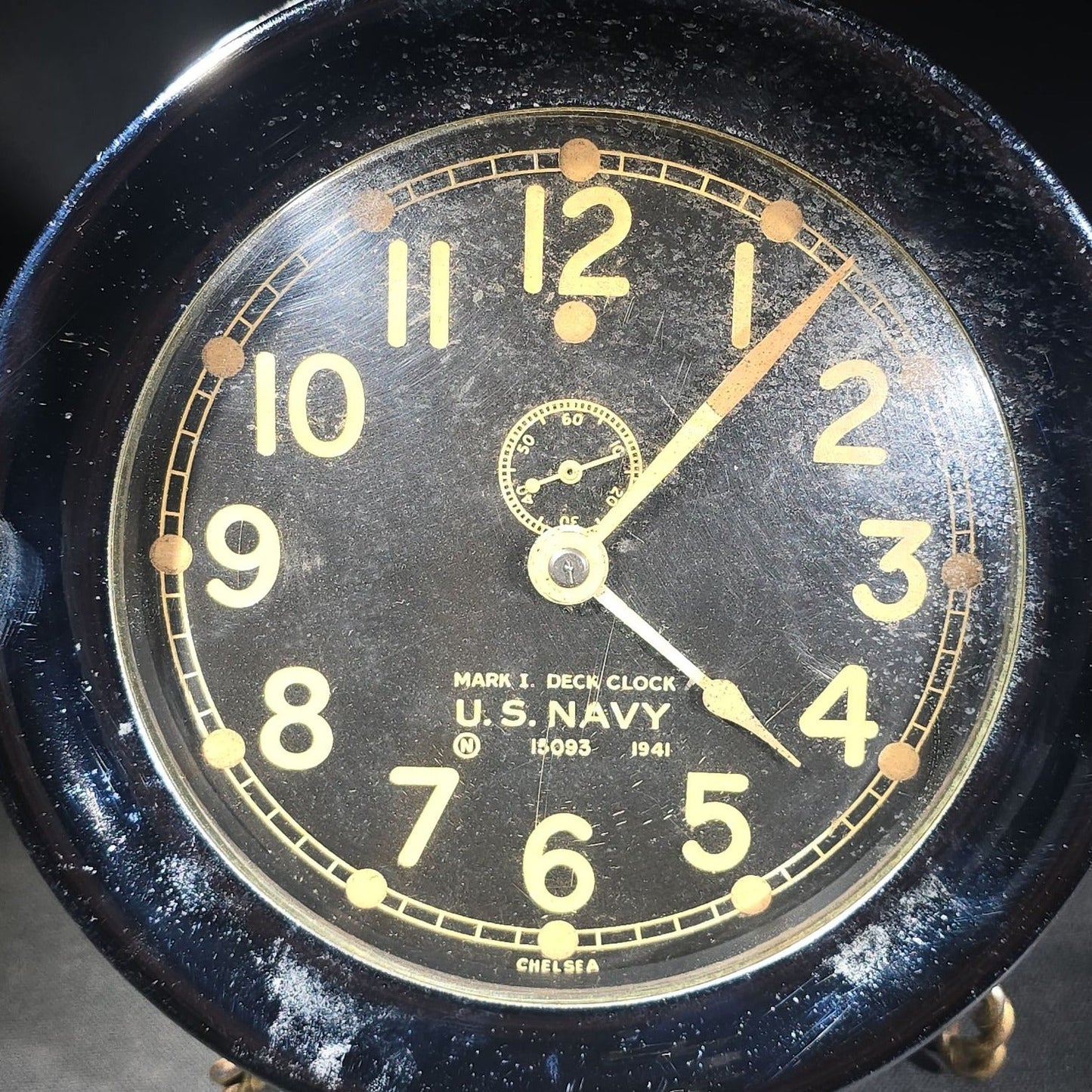 Vintage 1941 Chelsea Mark I U.S. Navy Deck Ship's Clock with Chrome Case, Serial No. 15093, Black Dial with Subsidiary Seconds