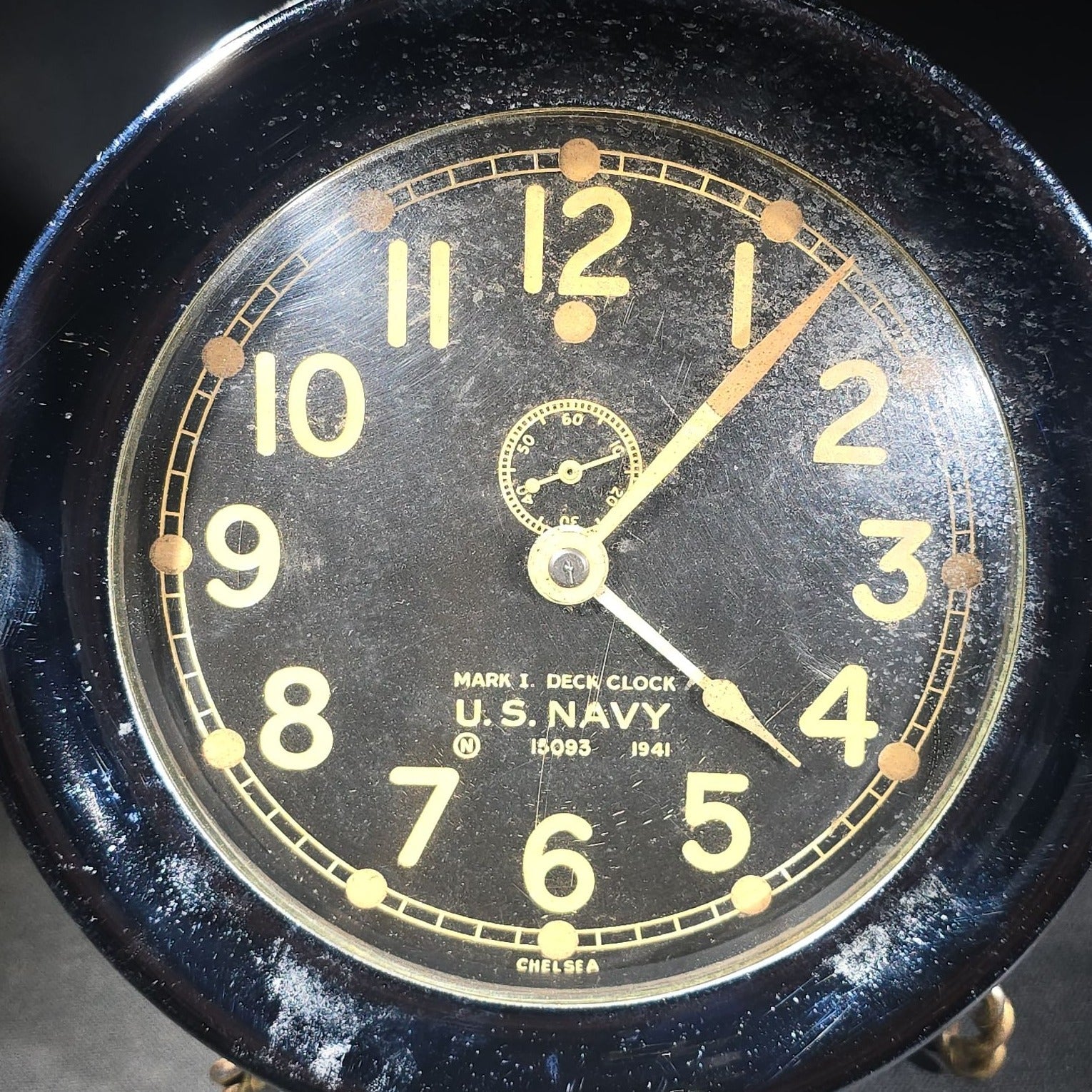 Vintage 1941 Chelsea Mark I U.S. Navy Deck Ship's Clock with Chrome Case, Serial No. 15093, Black Dial with Subsidiary Seconds